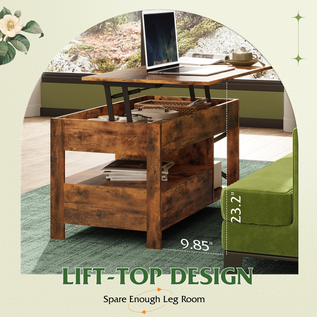GALAXHERO Coffee Table, 39" Lift Top Coffee Table with Hidden Compartment, Storage Drawers and Storage Shelf for Living Room, Reception Room
