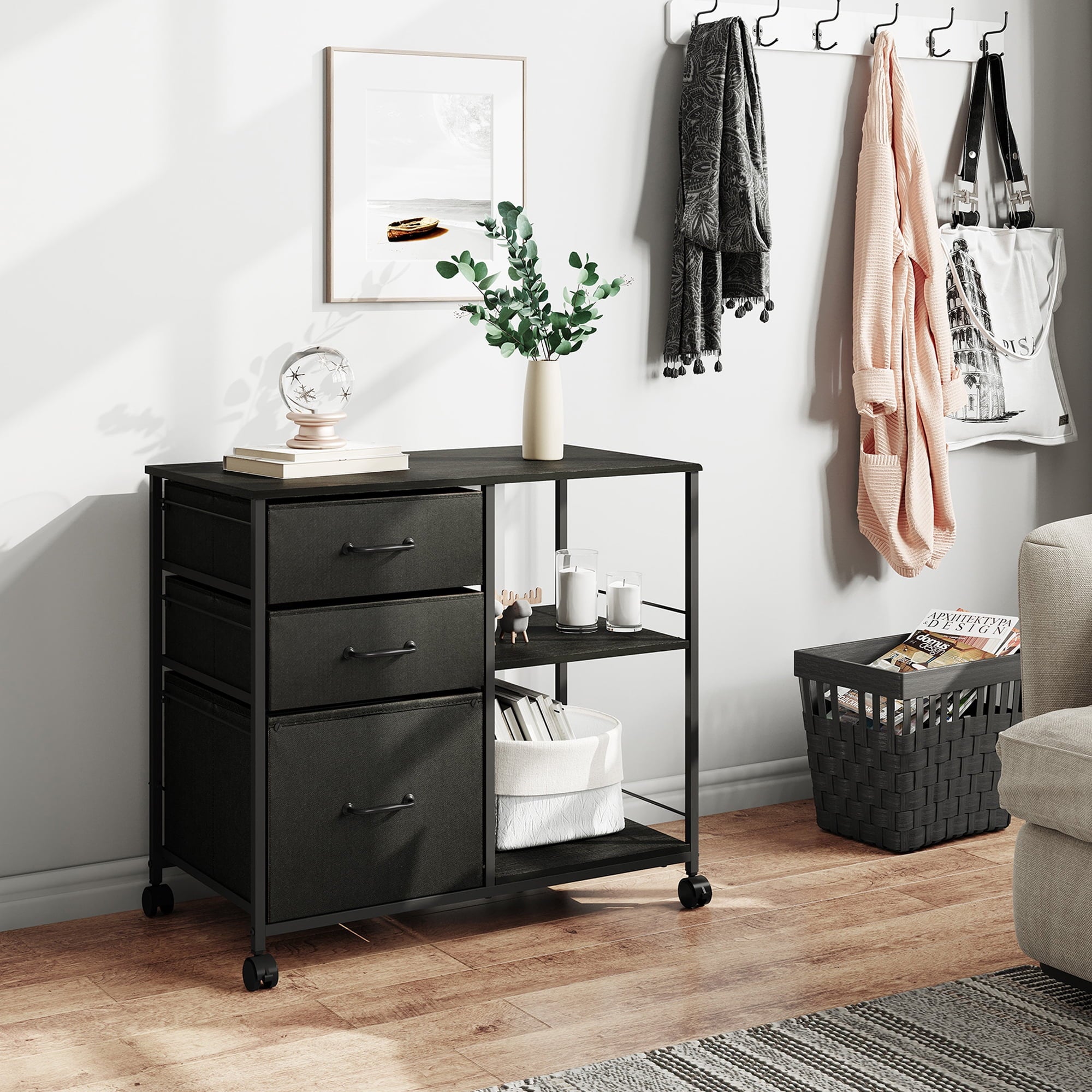 GALAXHERO 3-Drawer Mobile File Cabinet with Storage Shelf, Rolling Fabric Filing Cabinet and Printer Stand