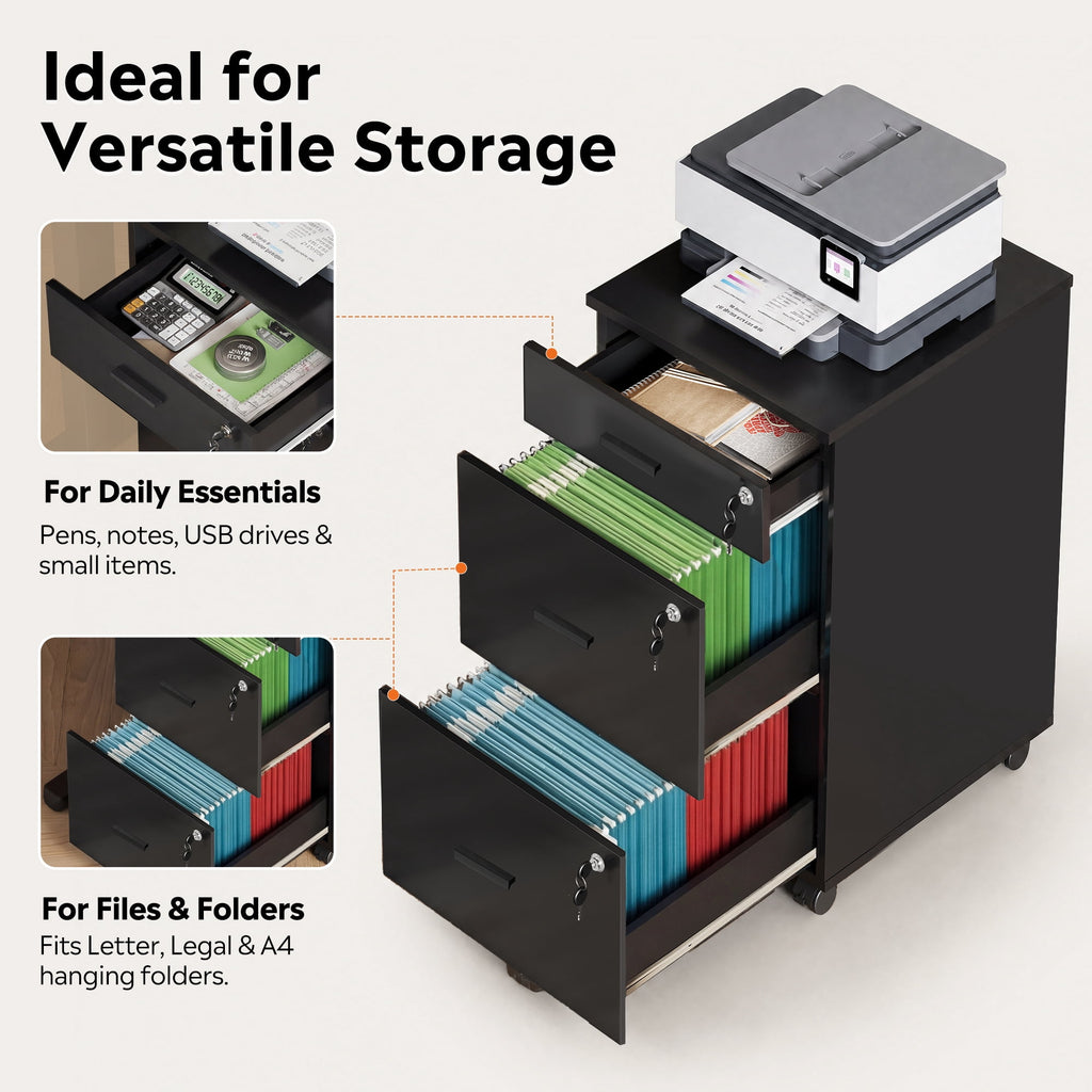 GALAXHERO Filing Cabinet with Lock and Key, 3 Drawer Rolling File Cabinet, Wood Storage Locker, Fits Letter/A4 Size