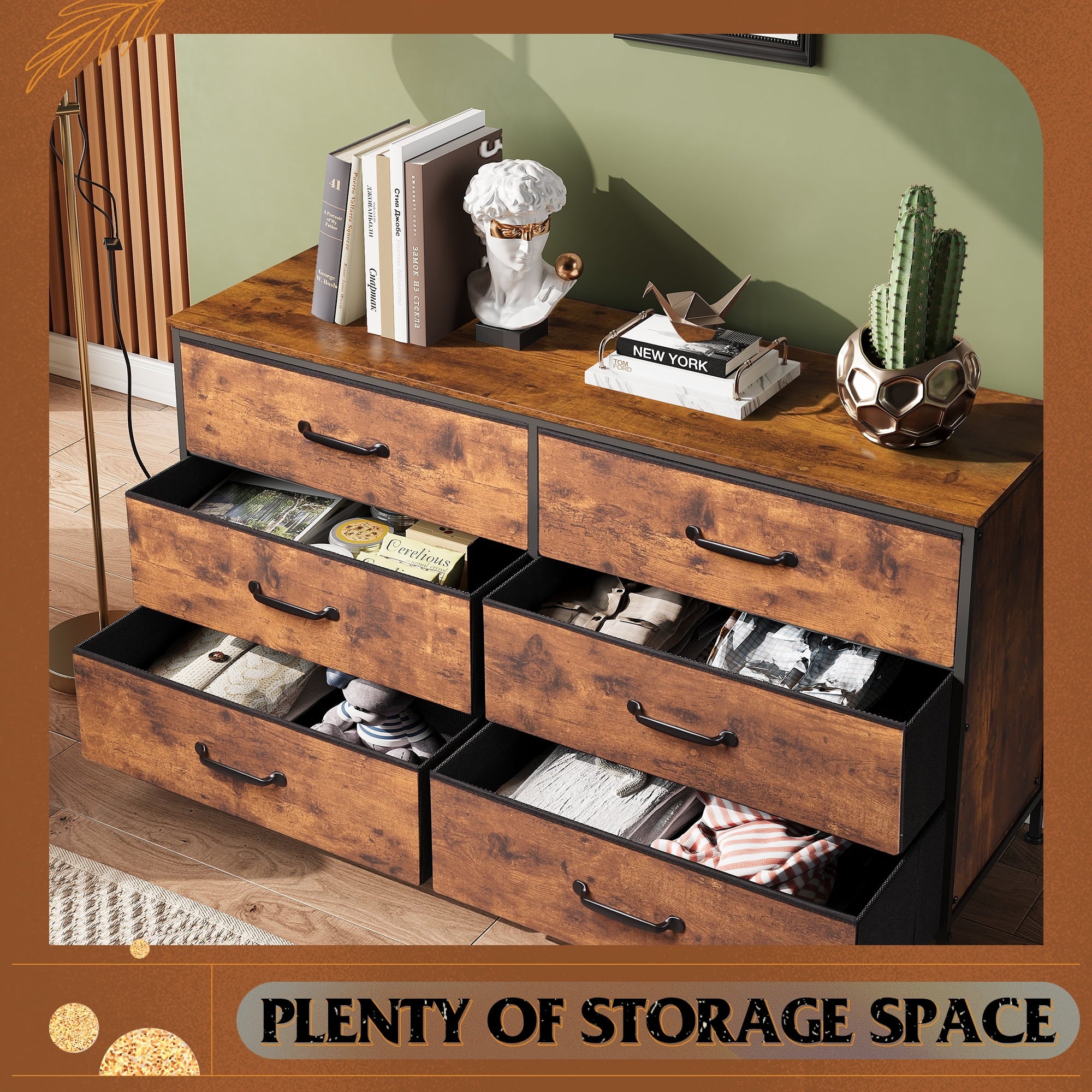 GALAXHERO 6-Drawer Wide Fabric Dresser and TV Stand, Large Storage Tower Unit with Fabric Bins for Bedroom, Closet, Hallway