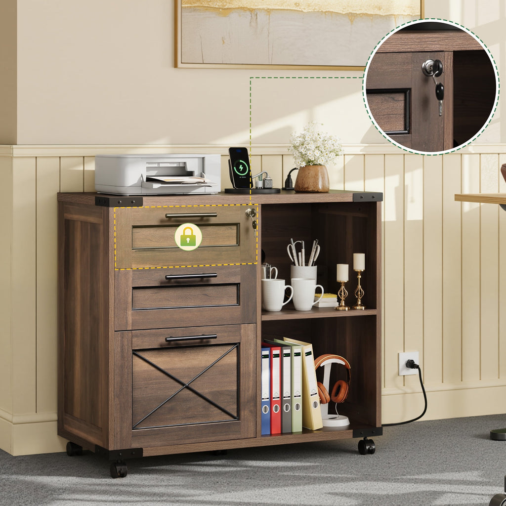 GALAXHERO 3-Drawer Locking File Cabinet, Wood Filing Cabinets with Charging Station, Rolling Printer Stand for Home Office, Dark Walnut