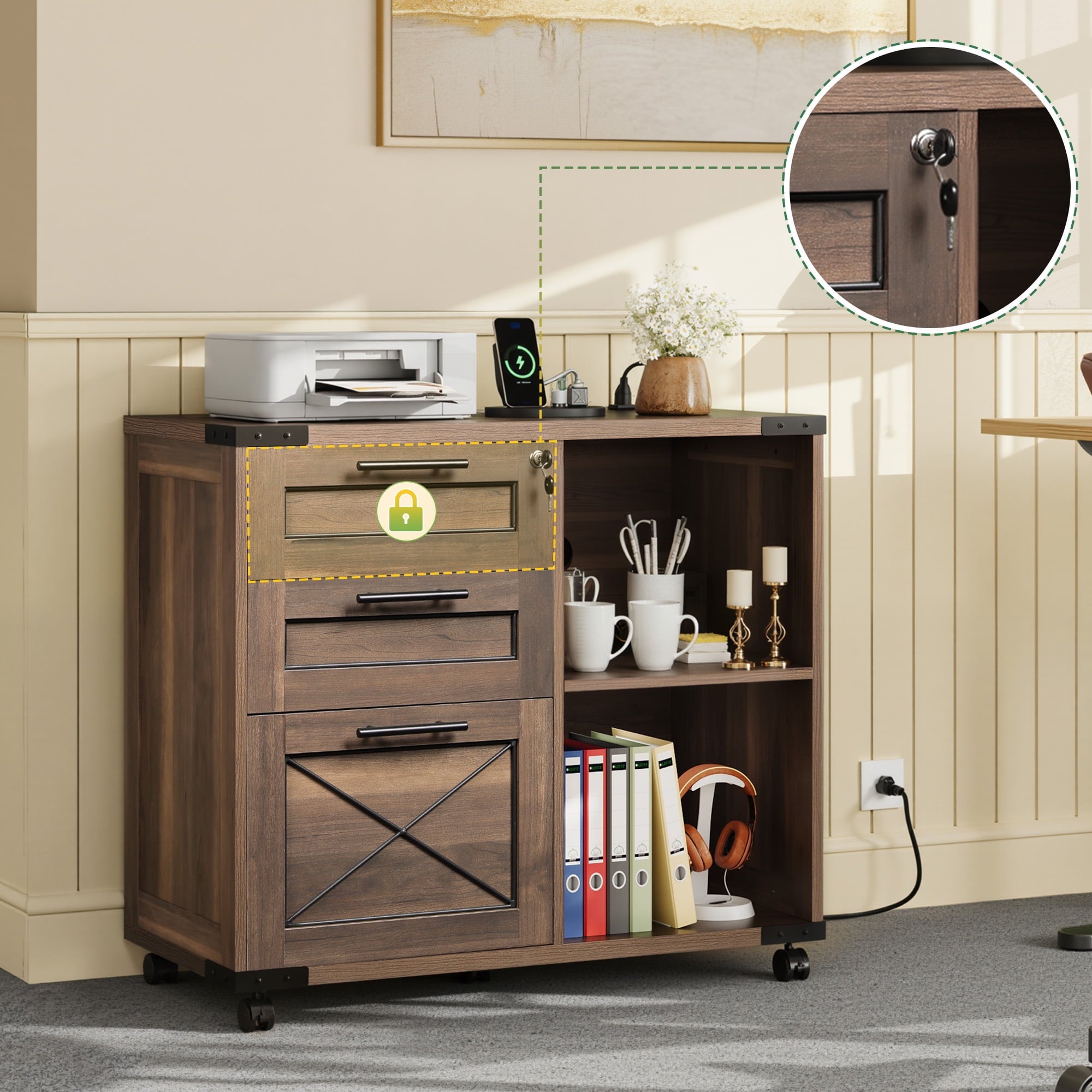 GALAXHERO 3-Drawer Locking File Cabinet, Wood Filing Cabinets with Charging Station, Rolling Printer Stand for Home Office