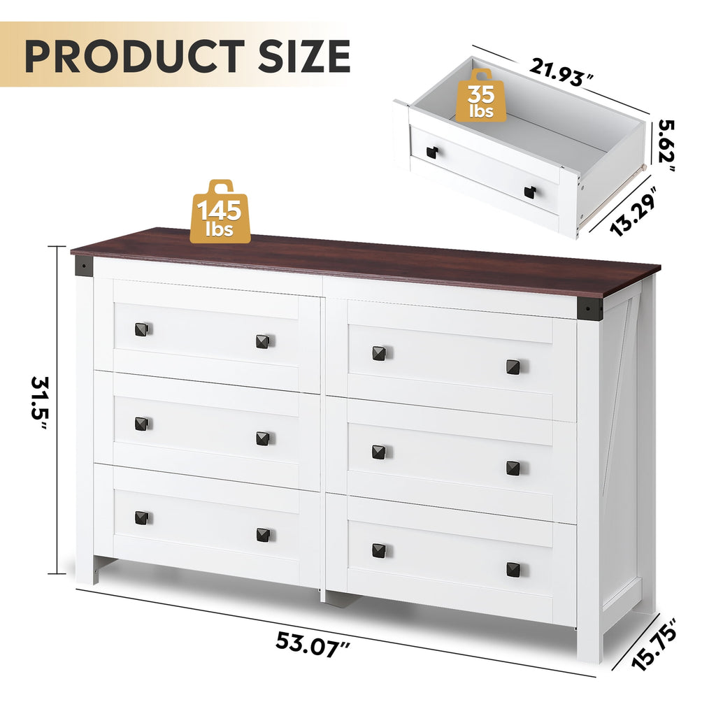 GALAXHERO Farmhouse 6 Drawer Dresser, Wood Dresser with Double Rustic Handles, TV Stand for 60" TV for Living Room, 53.07'' Wide Chest of Drawers for Bedroom, Hallway