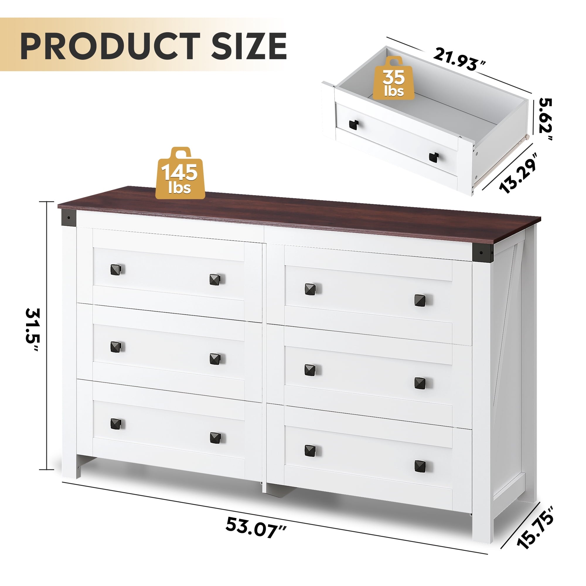 GALAXHERO Farmhouse 6 Drawer Dresser, Wood Dresser with Double Rustic Handles, TV Stand for 60" TV for Living Room, 53.07'' Wide Chest of Drawers for Bedroom, Hallway