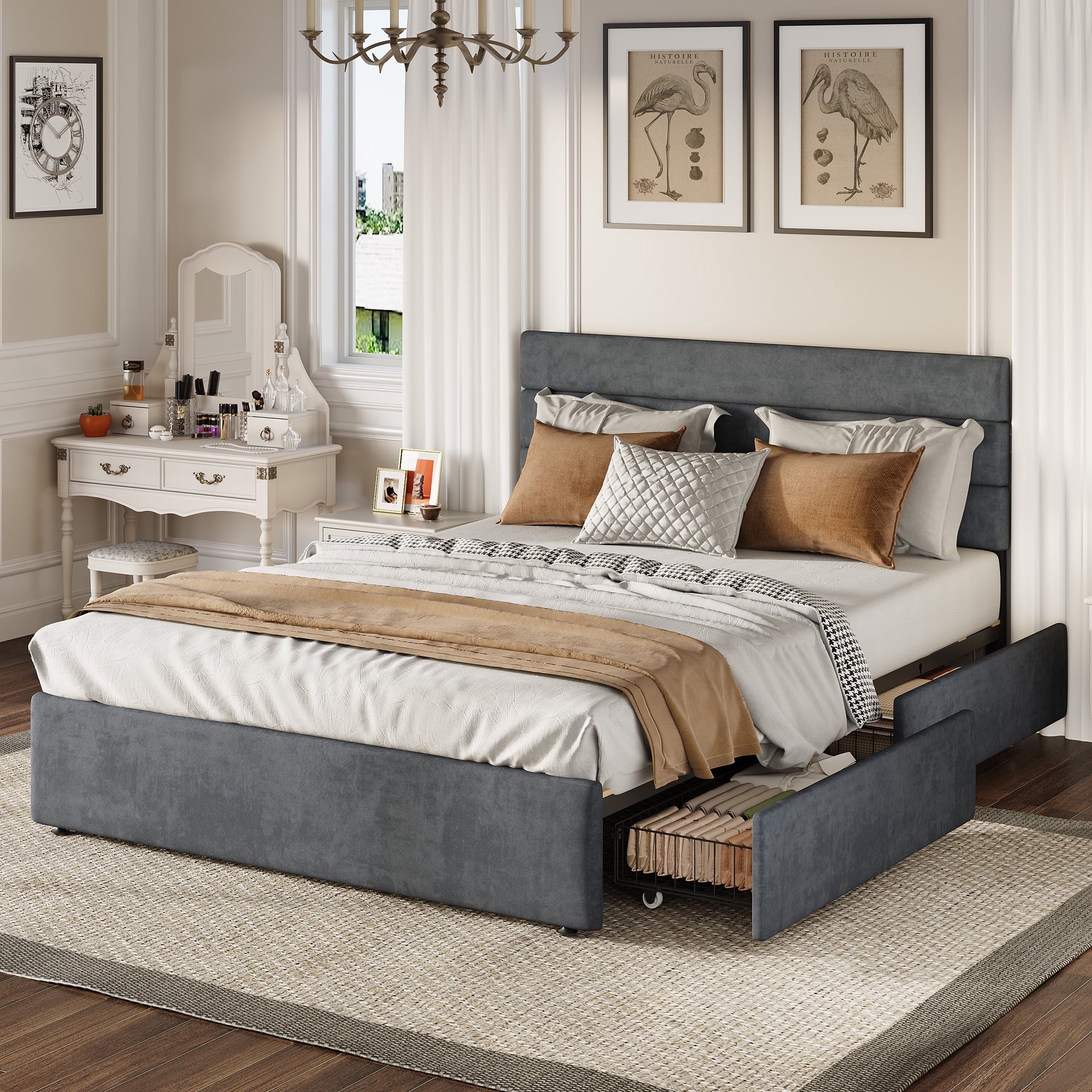 GALAXHERO Queen Size Upholstered Bed Frame with 4 Storage Drawers and Headboard, Velvet Platform Bedframe, Sturdy Metal & Wooden Slats Support, No Box Spring Needed, Easy Assembly