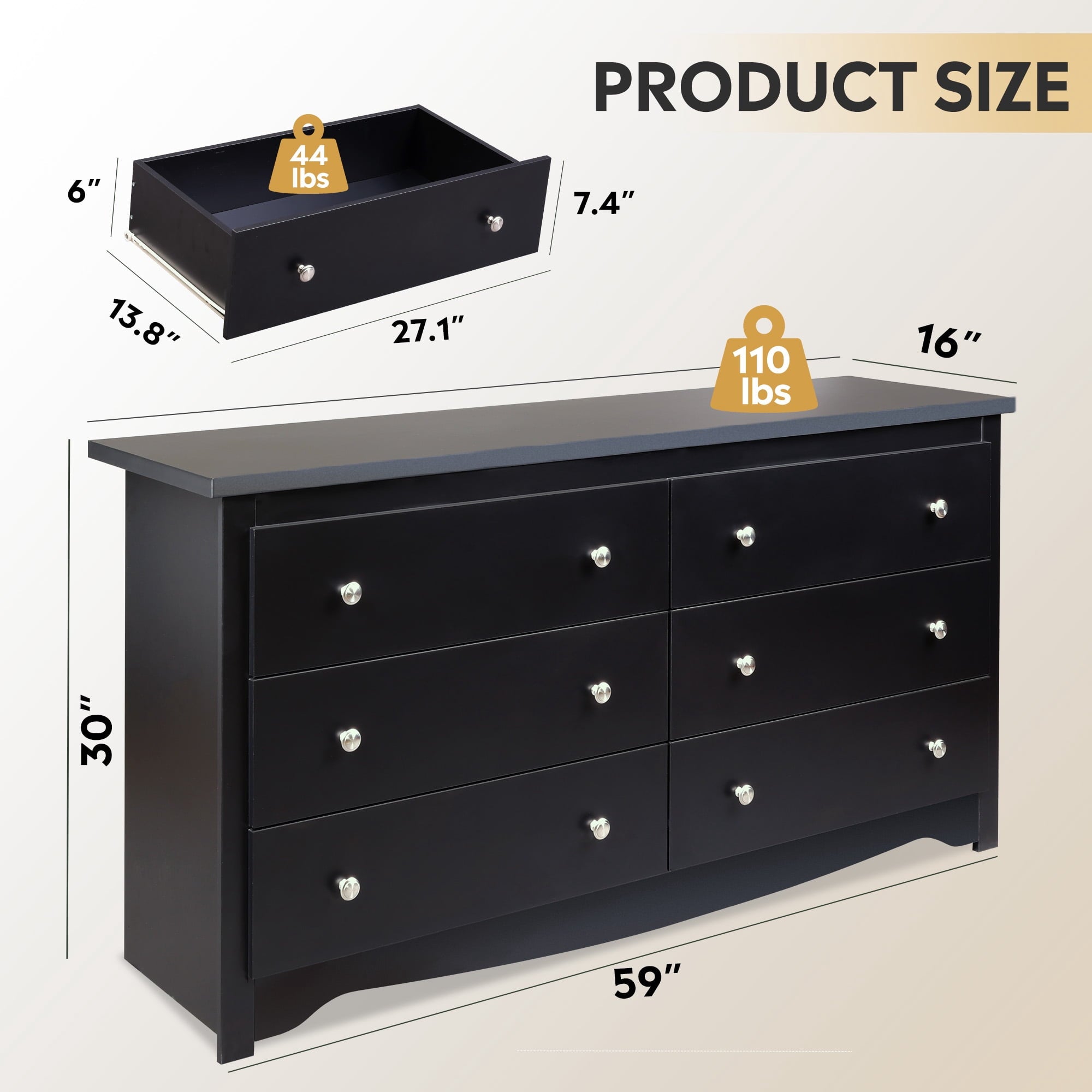GALAXHERO Modern Wood Dresser with 6 Drawers – Wide Storage Chest for Bedroom, Living Roomloset, Hallway – Large Organizer Nightstand Unit, 59”W