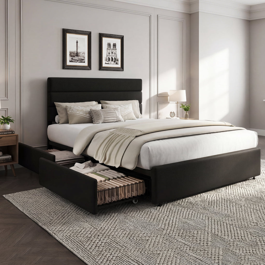 GALAXHERO Full Size Upholstered Bed Frame with 4 Storage Drawers and Headboard, Velvet Platform Bedframe, Sturdy Metal & Wooden Slats Support, No Box Spring Needed, Easy Assembly