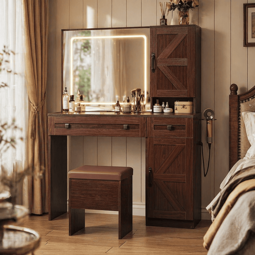 GALAXHERO Farmhouse Vanity Desk, Makeup Table Set with Mirror and Lights, Dressing Table with 2 Drawers and 2 Cabinets, Hair Dryer Holder for Bedroom