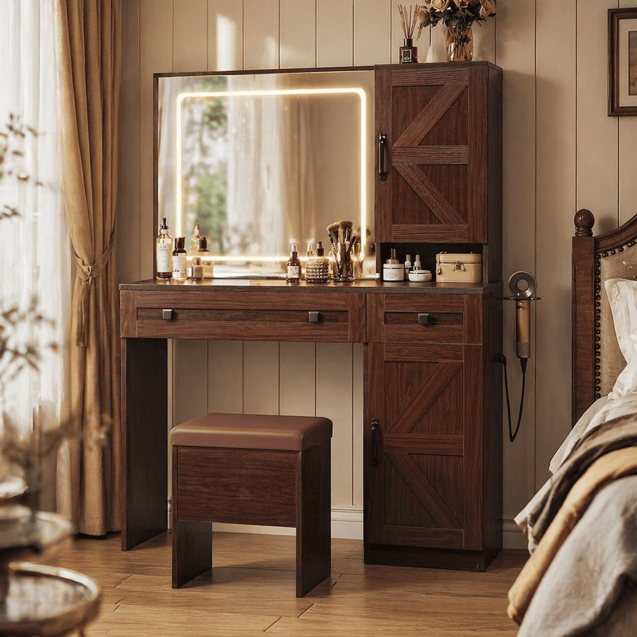 GALAXHERO Farmhouse Vanity Desk, Makeup Table Set with Mirror and Lights, Dressing Table with 2 Drawers and 2 Cabinets, Hair Dryer Holder for Bedroom