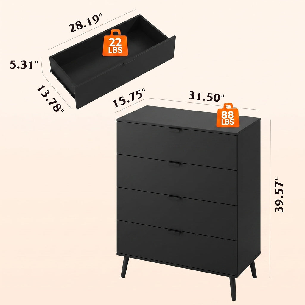 GALAXHERO 4 Drawer Dresser, Modern Chest of Drawers for Bedroom, Tall Wood Storage Organizer for Living Room, Closet, Hallway, Dorm Room