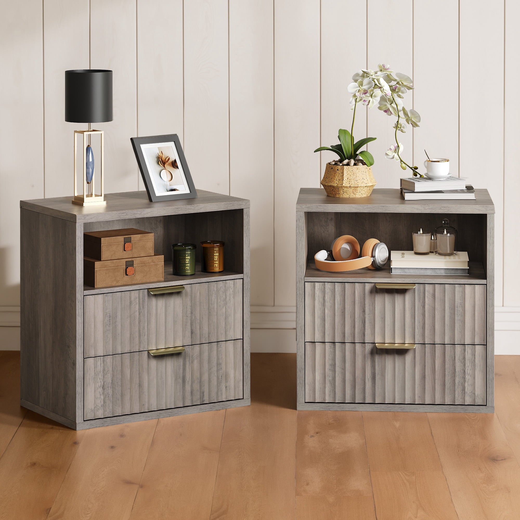 GALAXHERO 2 Drawer Nightstand, Wood Fluted End Table with Open Shelf, Mid Century Modern Bedside Tables for Bedroom, Living Room, Greige