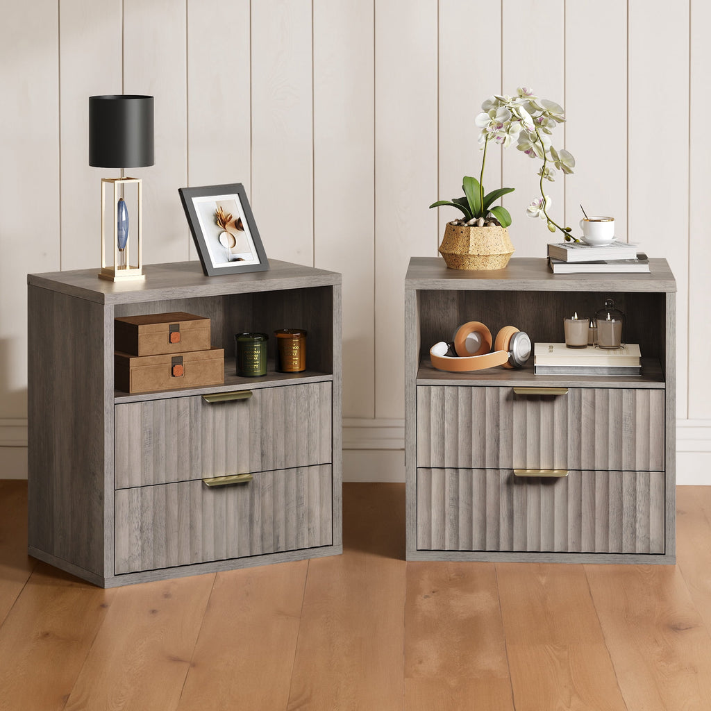 GALAXHERO 2 Drawer Nightstand, Wood Fluted End Table with Open Shelf, Mid Century Modern Bedside Tables for Bedroom, Living Room