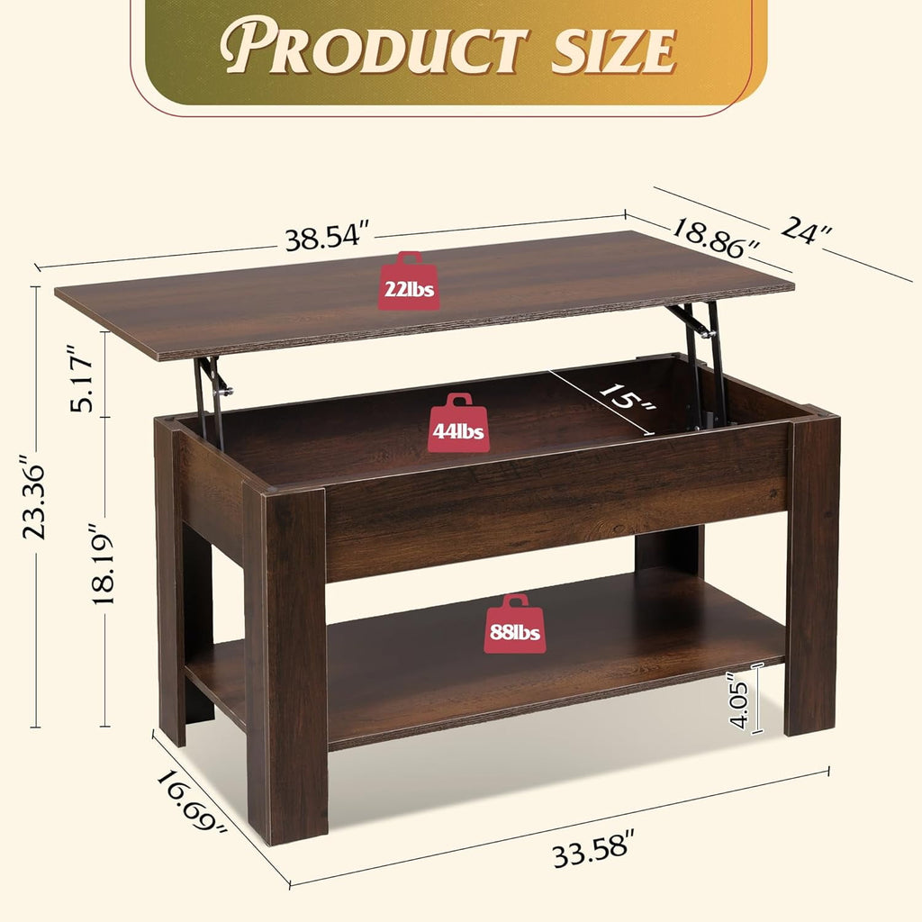 GALAXHERO 39" Lift Top Coffee Table with Storage Shelf & Hidden Compartment and Lifting Top for Home Living Room Office and Reception Room Rustic Brown