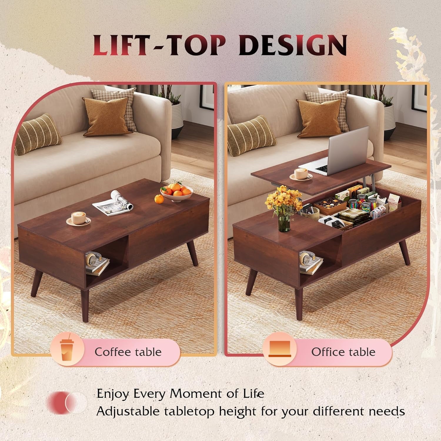 GALAXHERO Lift Top Coffee Table with Storage Small Living Room Table with Storage Shelf & Hidden Compartment