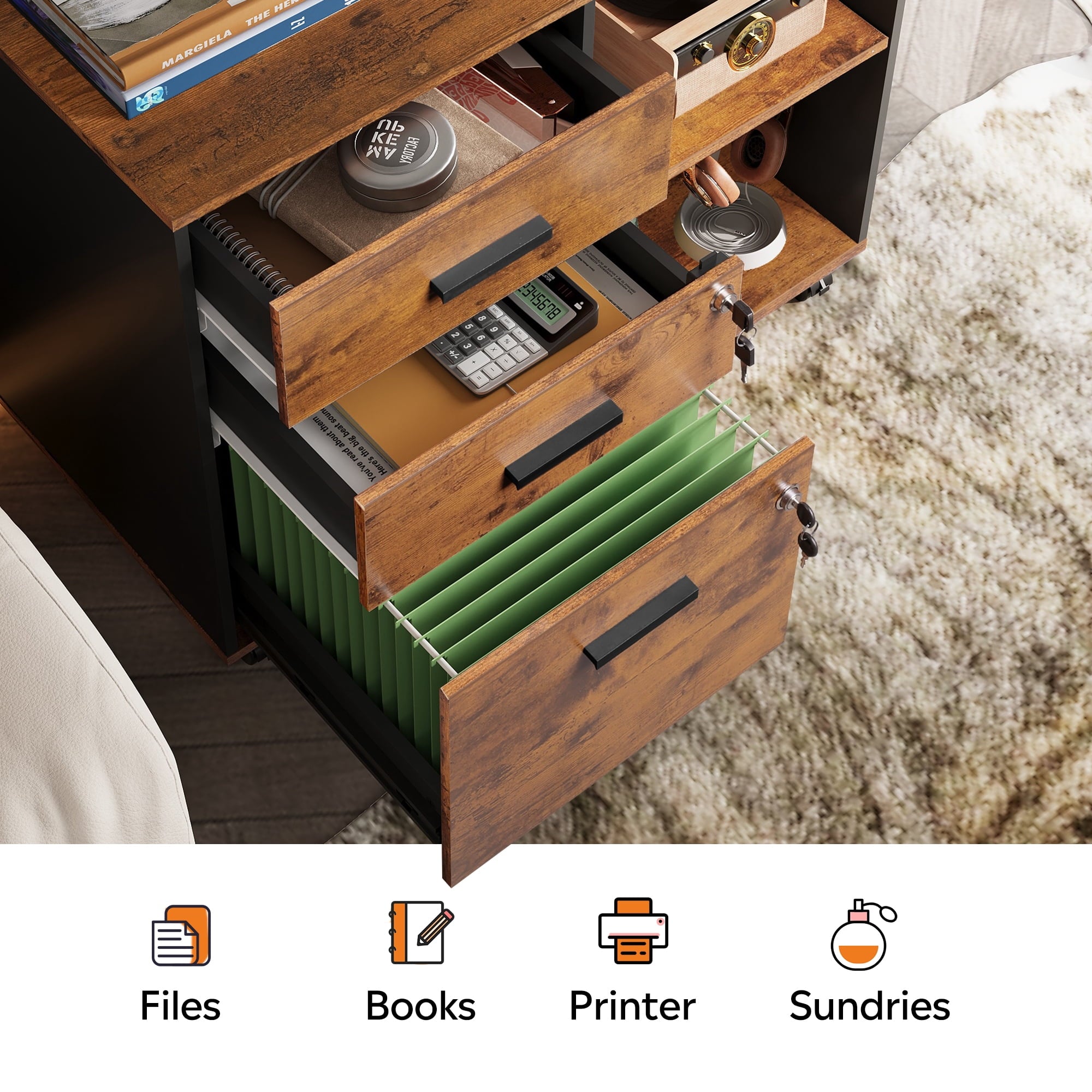 GALAXHERO 3-Drawer File Cabinet with Lock and Key, Mobile Wood Lateral Filing Cabinet & Printer Stand with Open Shelves for Home Office