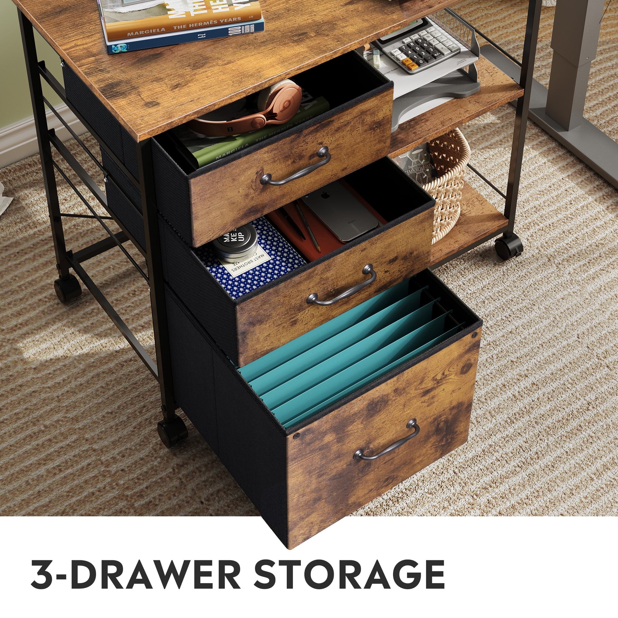 GALAXHERO 3 Drawer File Cabinet, Rolling Printer Stand with Storage, Lateral Fabric Filing Cabinet for Home Office,  Fits Letter/A4