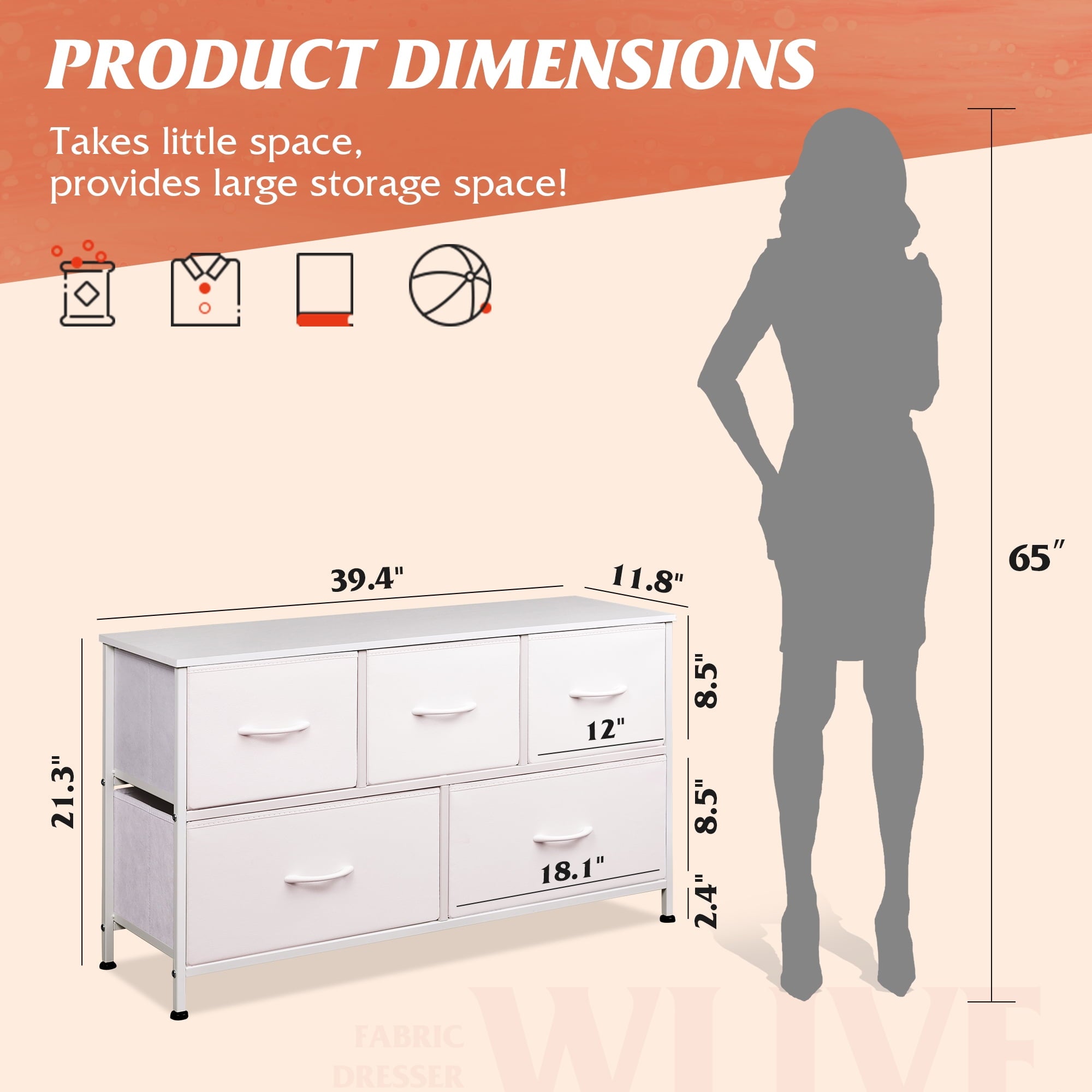 GALAXHERO 5-Drawer Dressers for Bedroom, Wide Chest of Drawers Nightstand Storage Tower with Fabric Bins for Closet, Living Room, Hallway