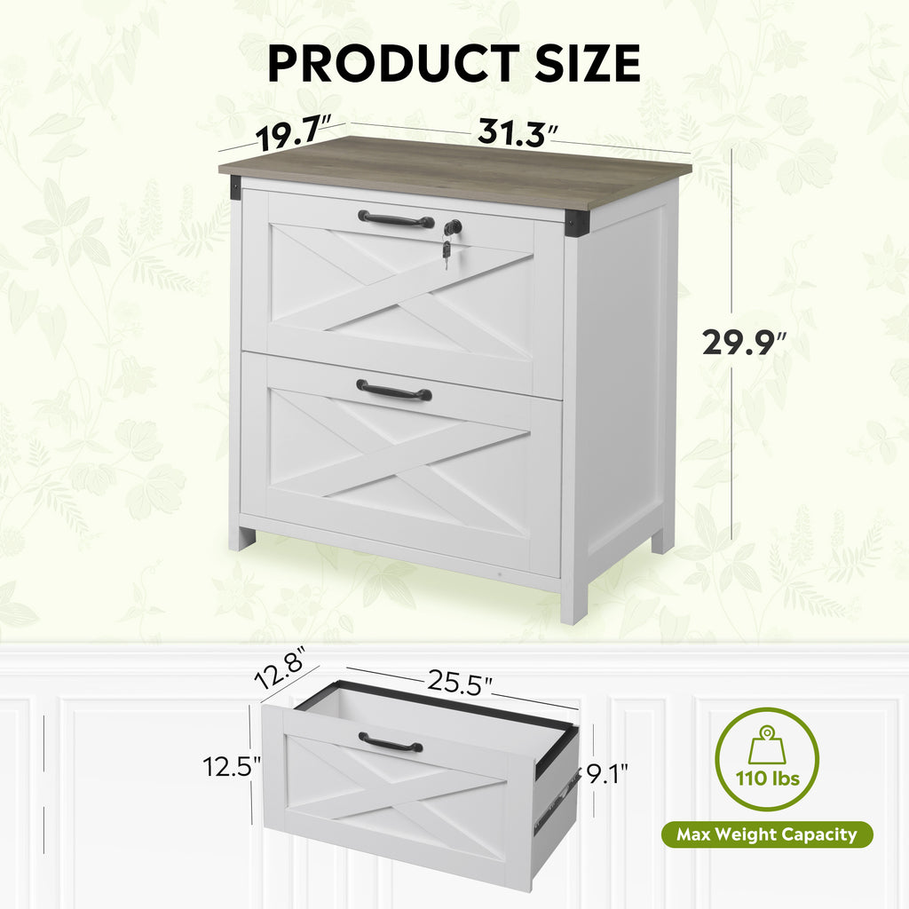 GALAXHERO 2 Drawer Farmhouse File Cabinet with Lock, Lateral Filing Cabinet for Letter/Legal/A4 Size, Wood Printer Stand for Home Office, White