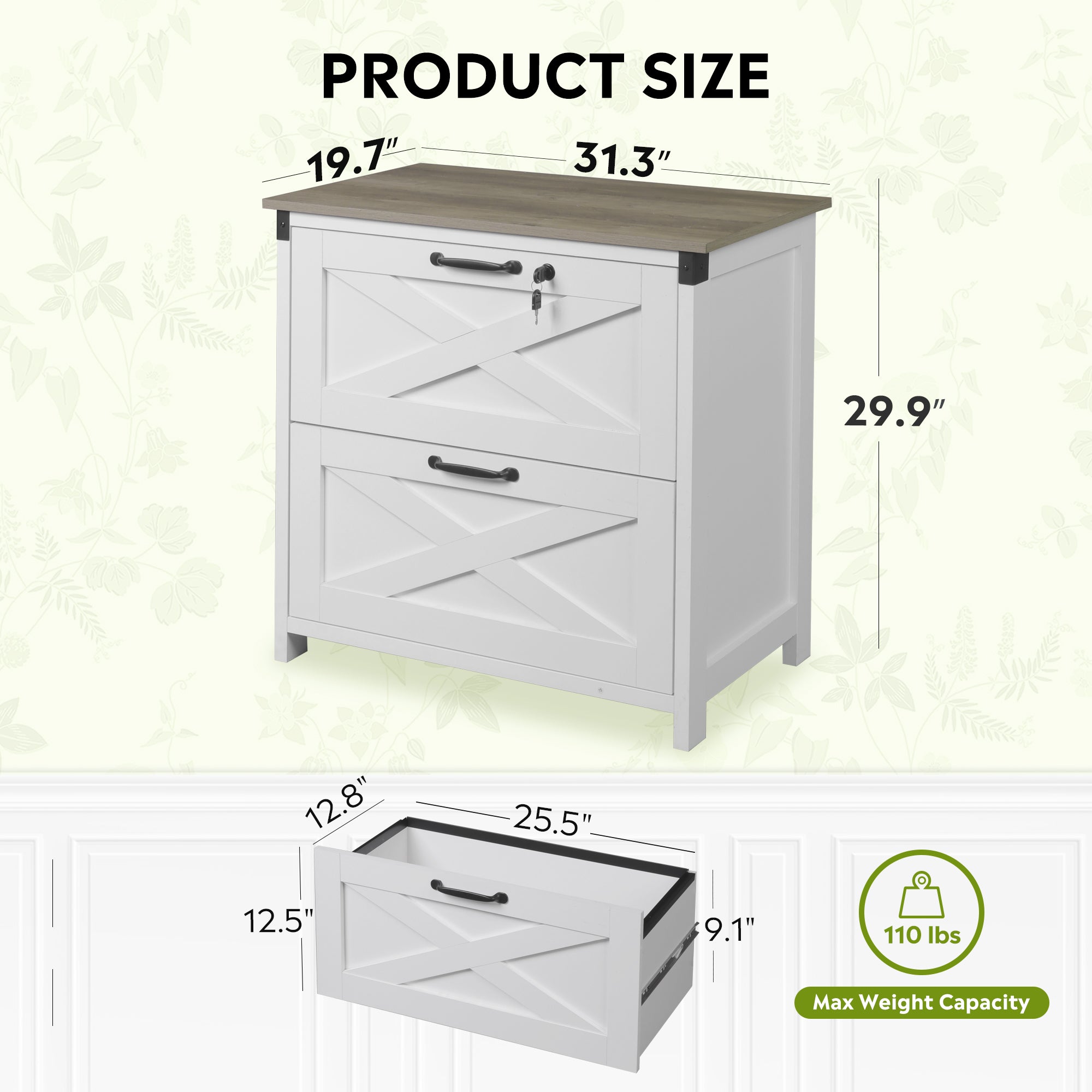 GALAXHERO 2 Drawer Farmhouse File Cabinet with Lock, Lateral Filing Cabinet for Letter/Legal/A4 Size, Wood Printer Stand for Home Office, White