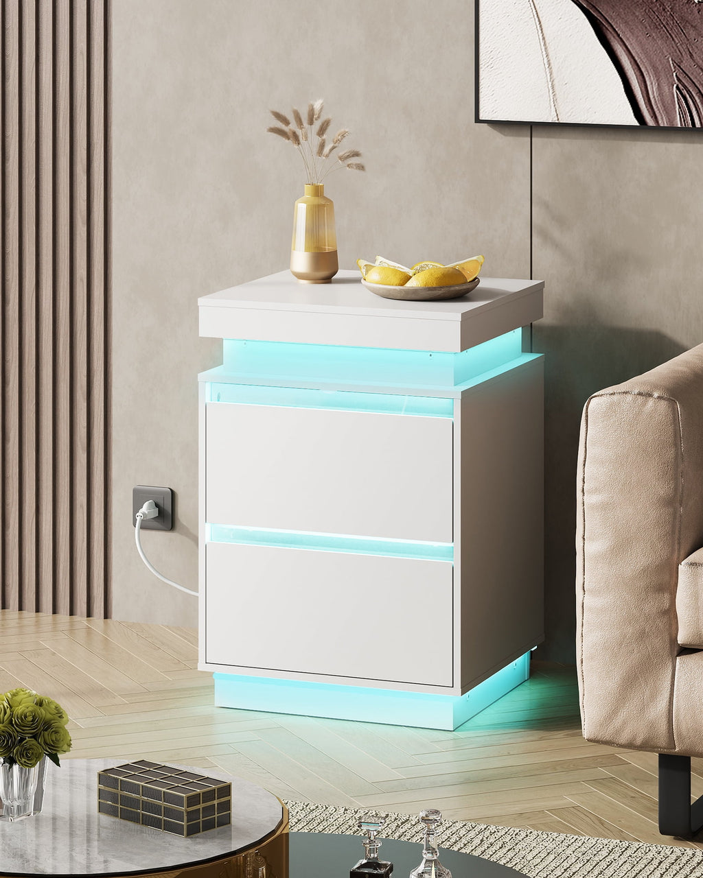 GALAXHERO Nightstand with Charging Station and LED Lights, Modern 2 Drawers Bedside Table with Sliding Top, End Side Table for Bedroom, Living Room