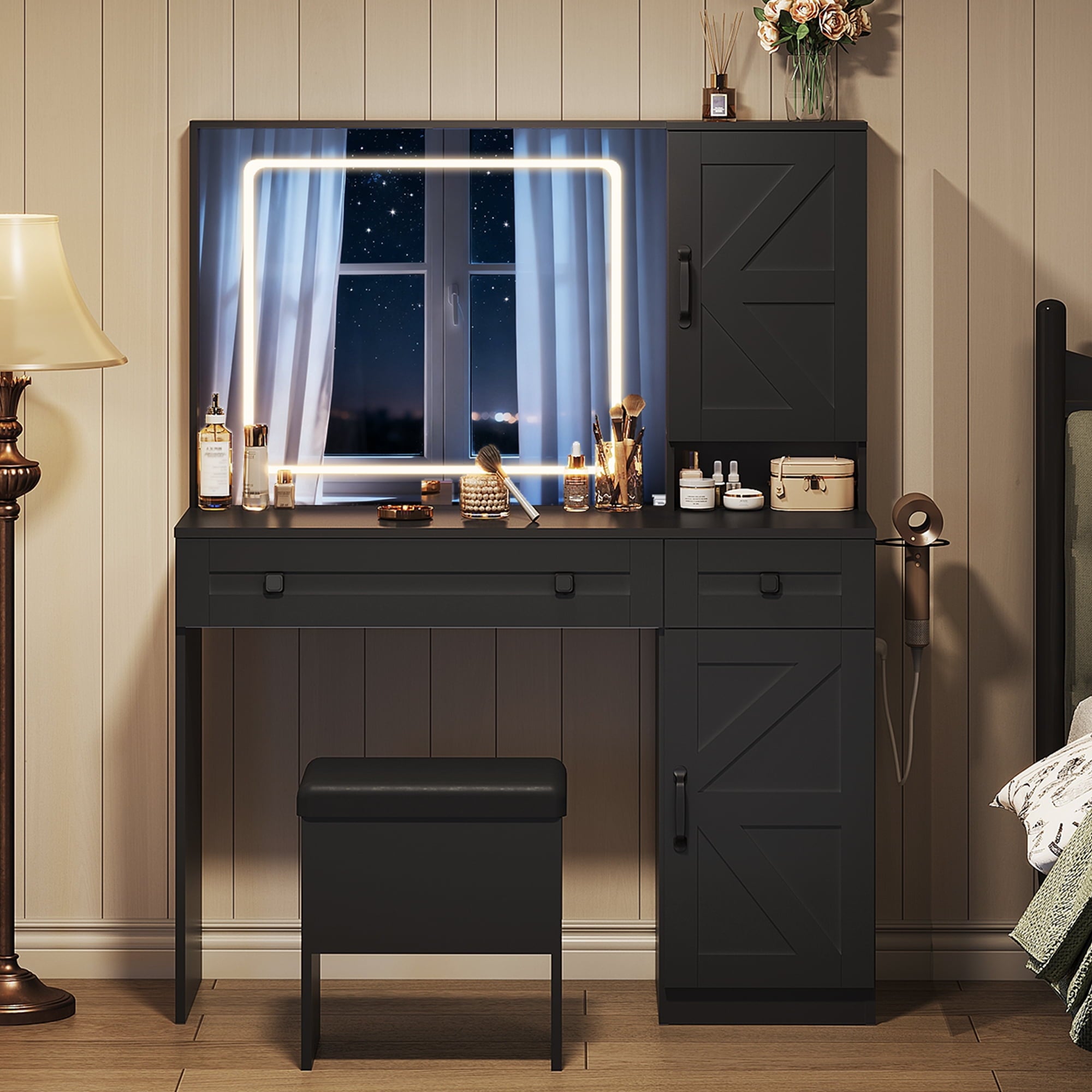 GALAXHERO Farmhouse Vanity Desk, Makeup Table Set with Mirror and Lights, Dressing Table with 2 Drawers and 2 Cabinets, Hair Dryer Holder for Bedroom