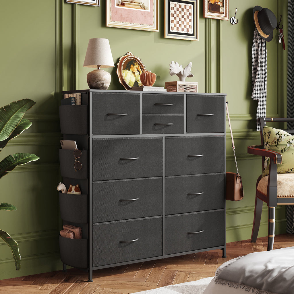 GALAXHERO 10-Drawer Fabric Dresser, Sturdy Metal Frame Organizer Unit with Side Pockets and Hooks for Bedroom, Living Room, Hallway