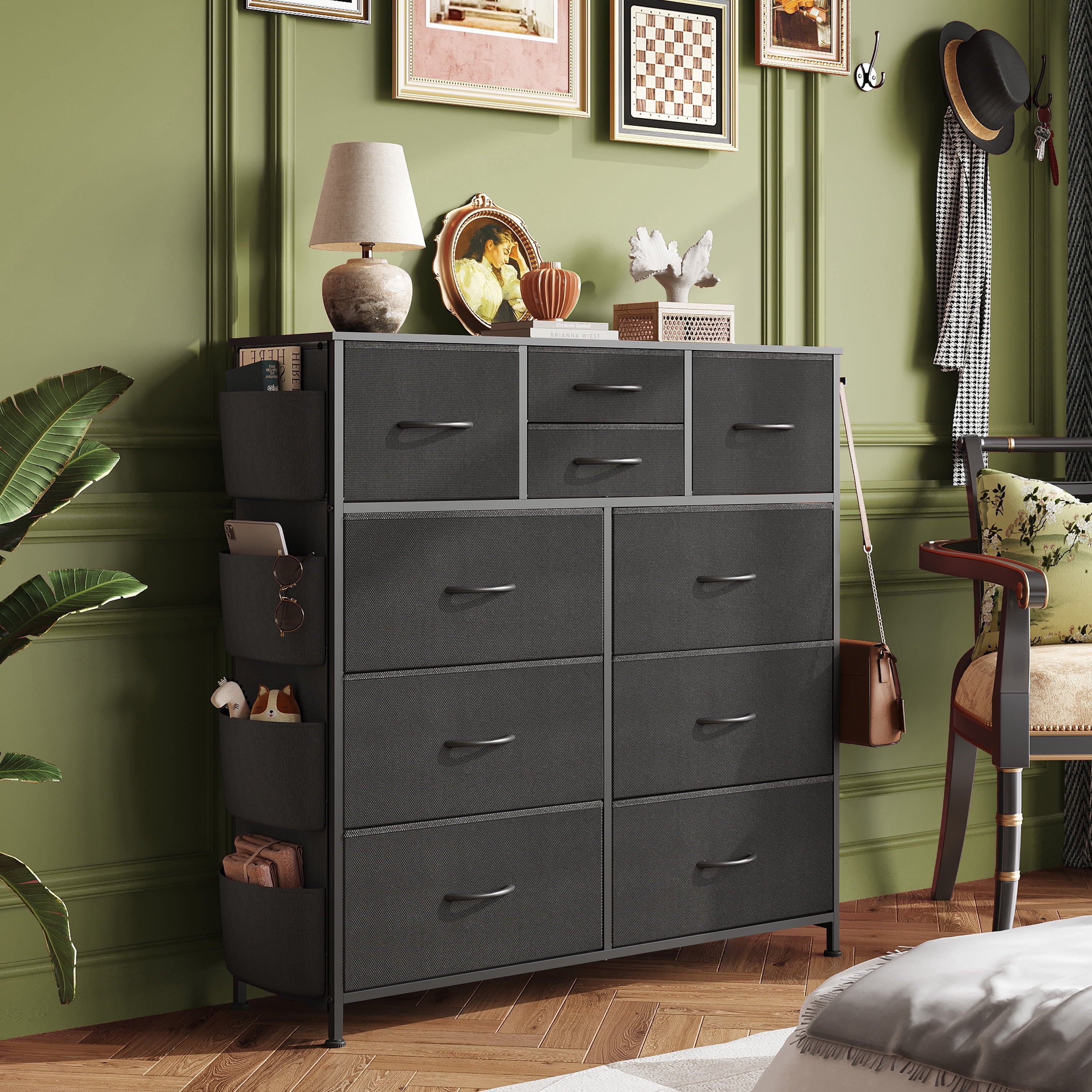 GALAXHERO 10-Drawer Fabric Dresser, Sturdy Metal Frame Organizer Unit with Side Pockets and Hooks for Bedroom, Living Room, Hallway