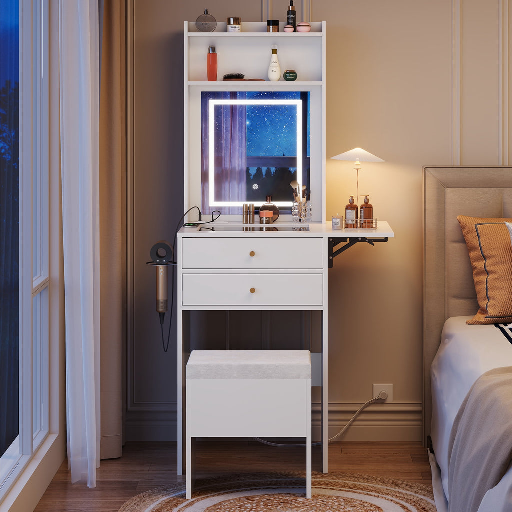 GALAXHERO Vanity Desk with Lighted Mirror and Glass Top, Makeup Vanity Chair with Storage, Fold-up Panel, 2 Drawers Dressing Table for Bedroom
