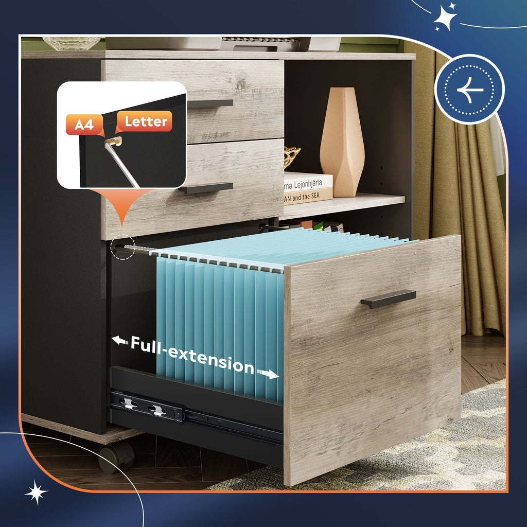 GALAXHERO 3-Drawer Filing Cabinet, Mobile Lateral File Cabinet, Printer Stand with Open Shelves, Wood Office Cabinet
