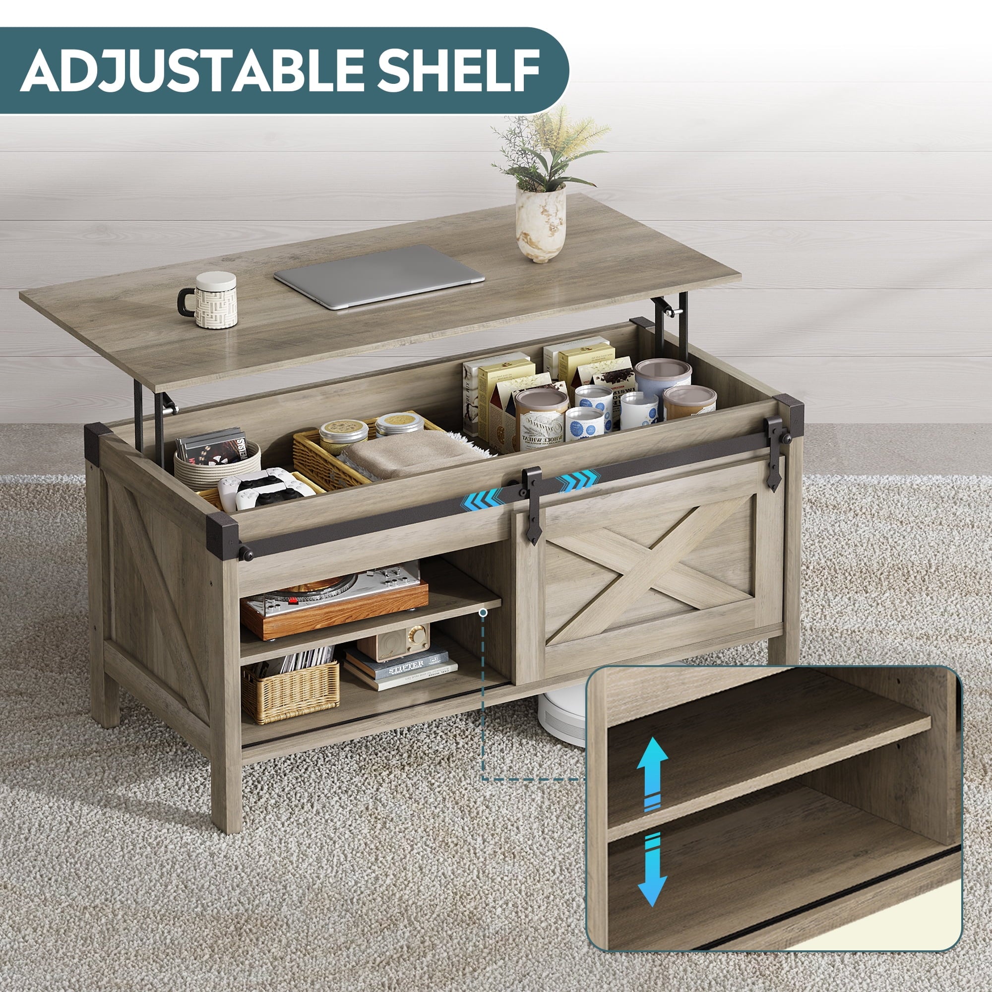 GALAXHERO 39.4" Farmhouse Large Coffee Table Lift Top Coffee Table with Hidden Storage Compartment Sliding Barn Doors Modern Wood Center Table for Living Room