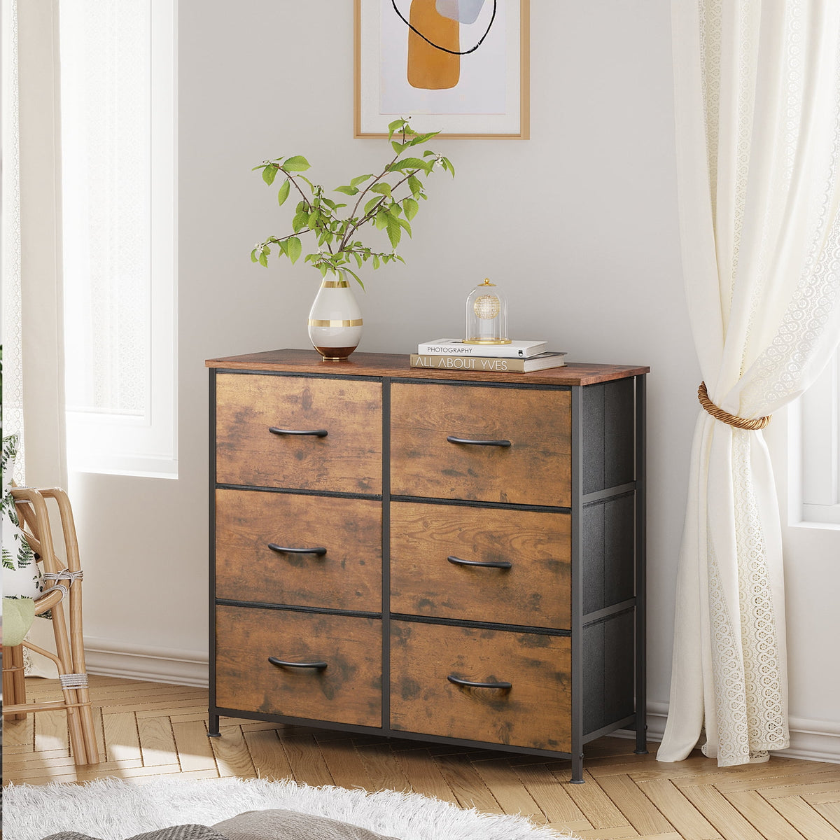 GALAXHERO 6 Drawer Dresser, Black Fabric Double Dresser, Storage Tower with Fabric Bins, Chest of Drawers for Bedroom, Closet, Living Room, Hallway
