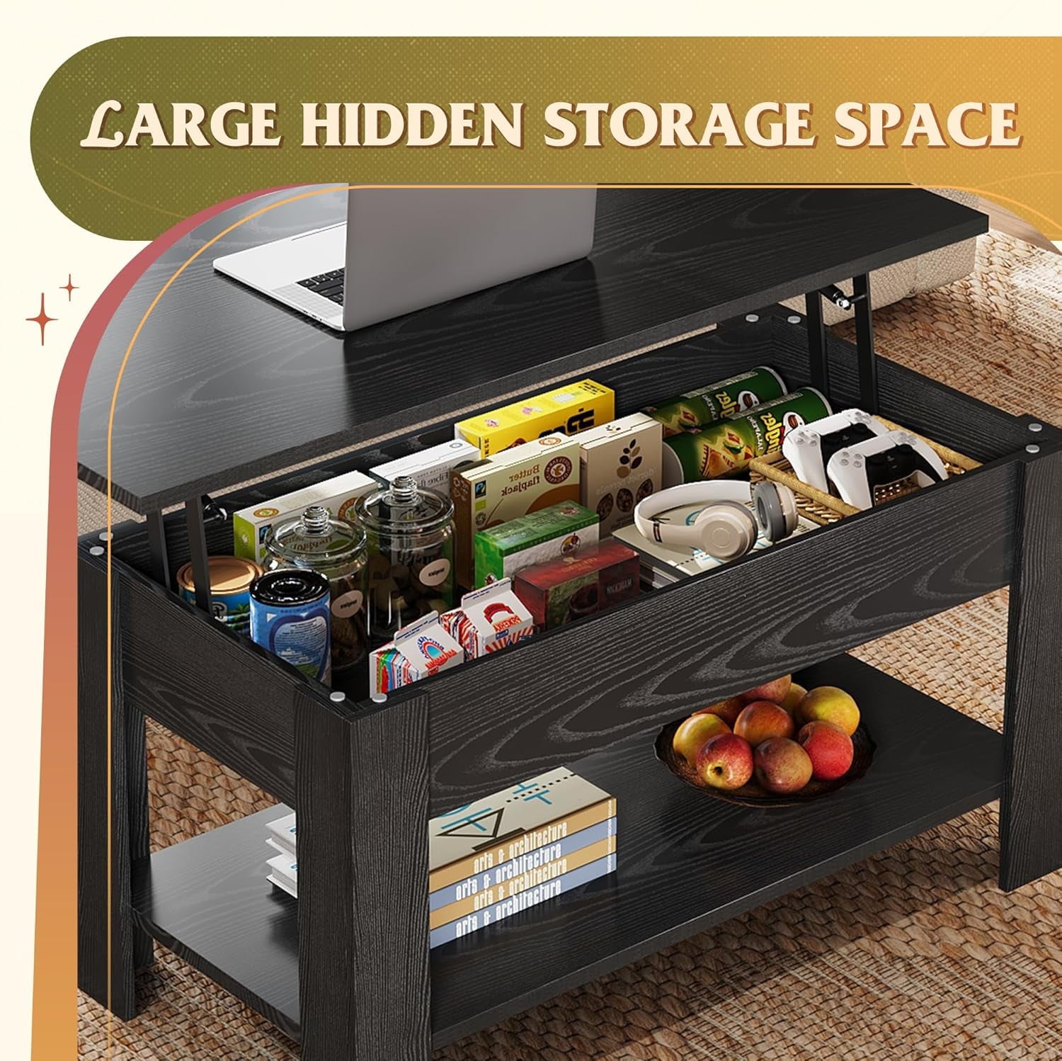 GALAXHERO 39" Lift Top Coffee Table with Storage Shelf & Hidden Compartment and Lifting Top for Home Living Room Office and Reception Room