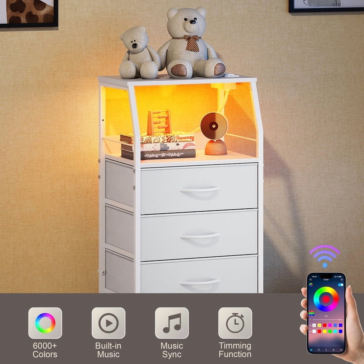 GALAXHERO Dresser for Bedroom, 5 Drawer Nightstand with Charging Station,Tall Bedside Table with LED and Open Shelf