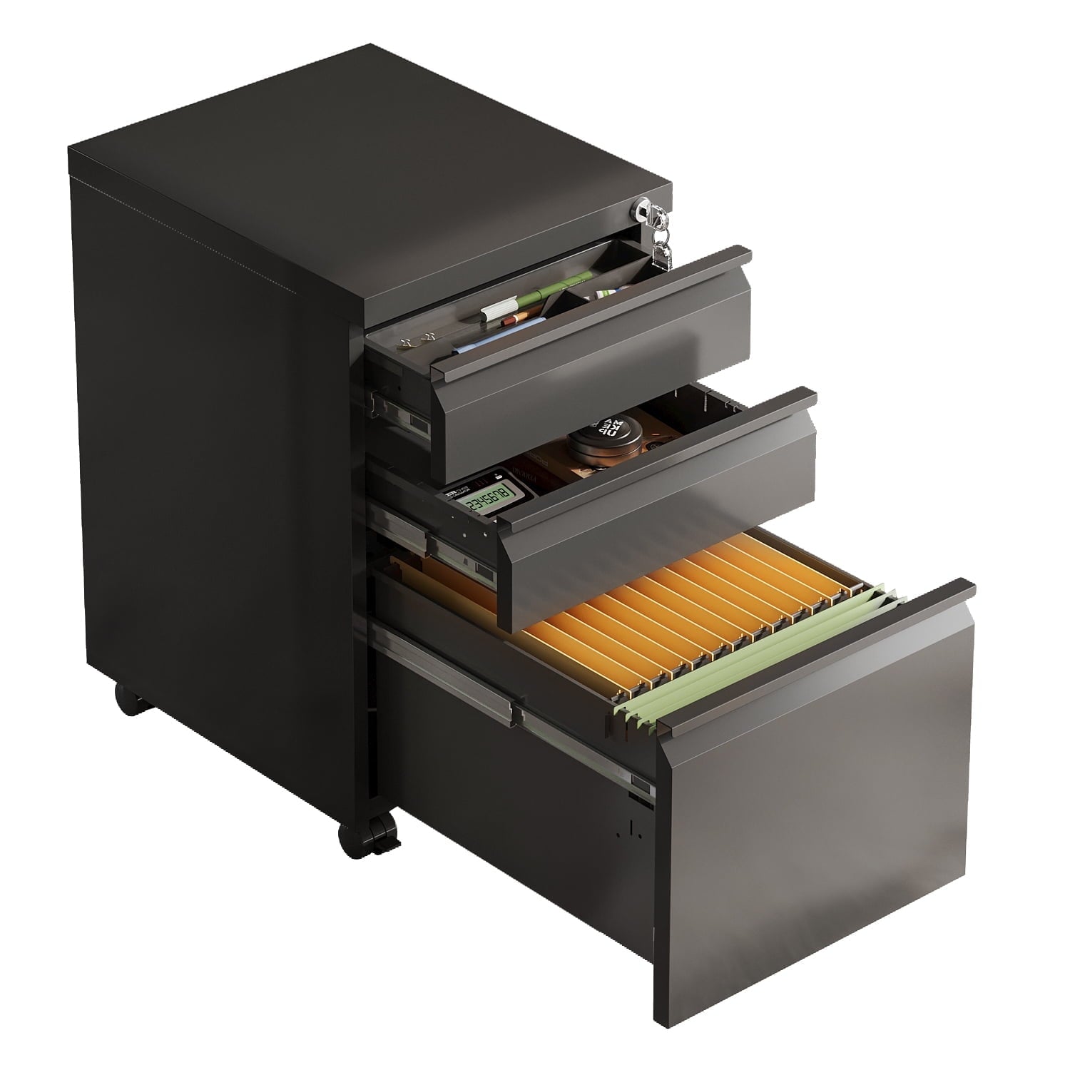 GALAXHERO 3 Drawer Metal File Cabinet with Lock, Mobile Printer Cabinet & Small Under Desk Filing Cabinet for Home Office, Fits Legal/Letter/A4