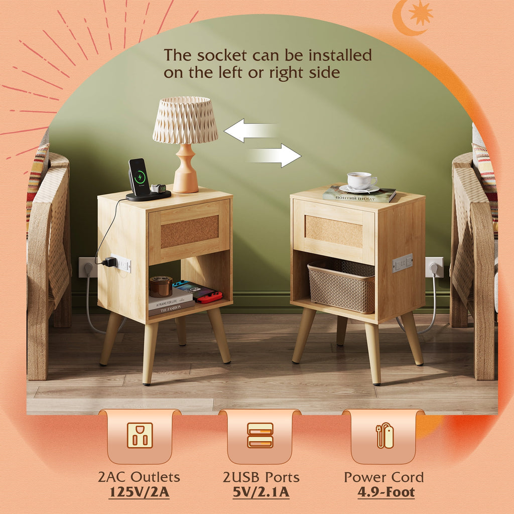 GALAXHERO Rattan Nightstand with Charger Station, Small Drawer Storage Shelf Mid-Century Side Table for Bedroom, Rattan Decor, Compact Size