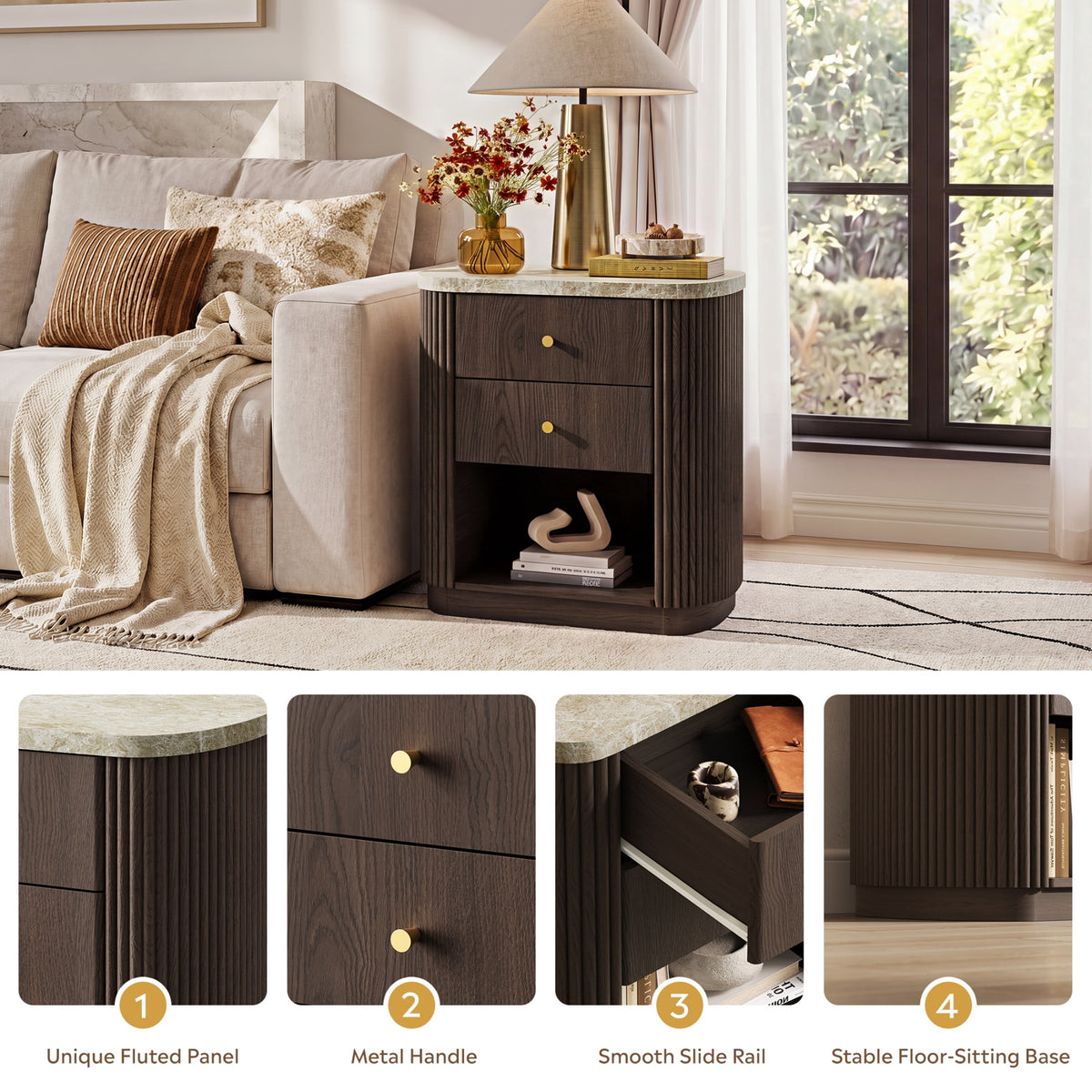 GALAXHERO Mid Century Modern Nightstand with Charging Station, 2-Drawer Fluted Wood Bedside Table with Open Shelf for Bedroom Living Room Dorm