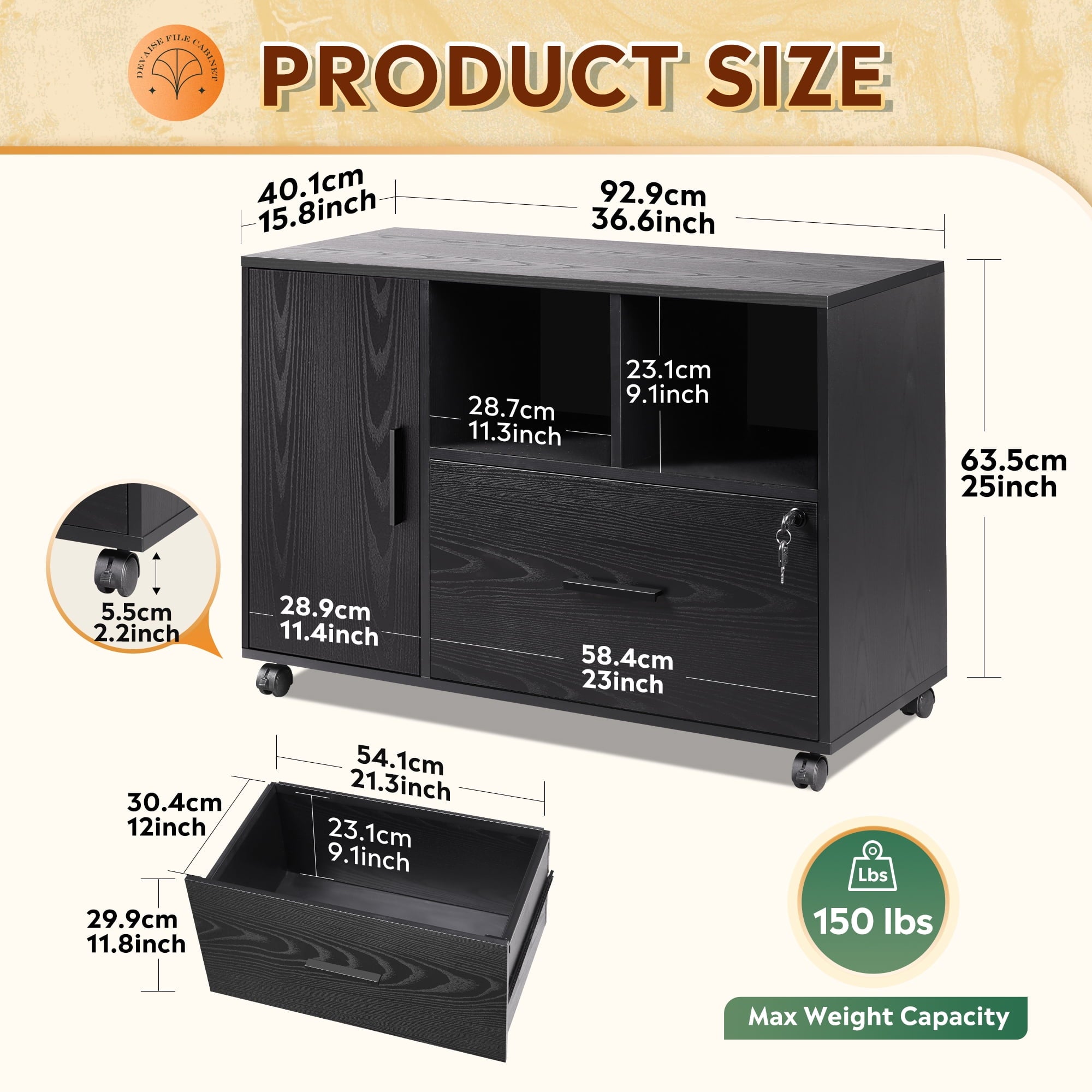 GALAXHERO Office File Cabinet with Lock, 1-Drawer Wood Lateral Filing Cabinet on Wheels, Printer Stand with Open Storage Shelves for Home Office, Black