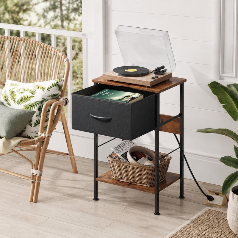 GALAXHERO Nightstand with Charging Station, Small Dresser with Drawer and Storage Shelfs for Bedroom