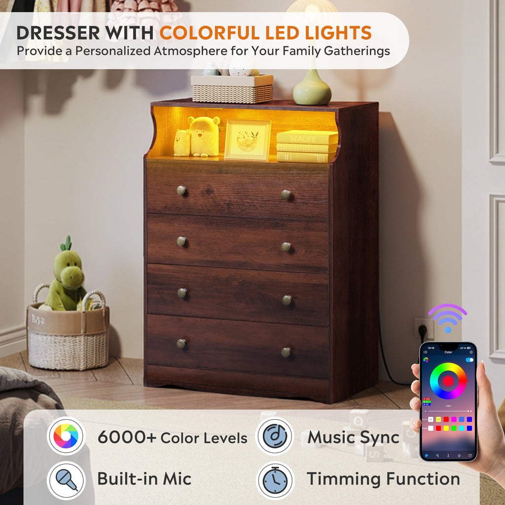 GALAXHERO 4 Drawers Dresser for Bedroom, Tall  Dressers with LED Open Shelf, Modern Chest of Drawers with Charging Station, Wood Closet Clothes Organizer Storage Cabinet