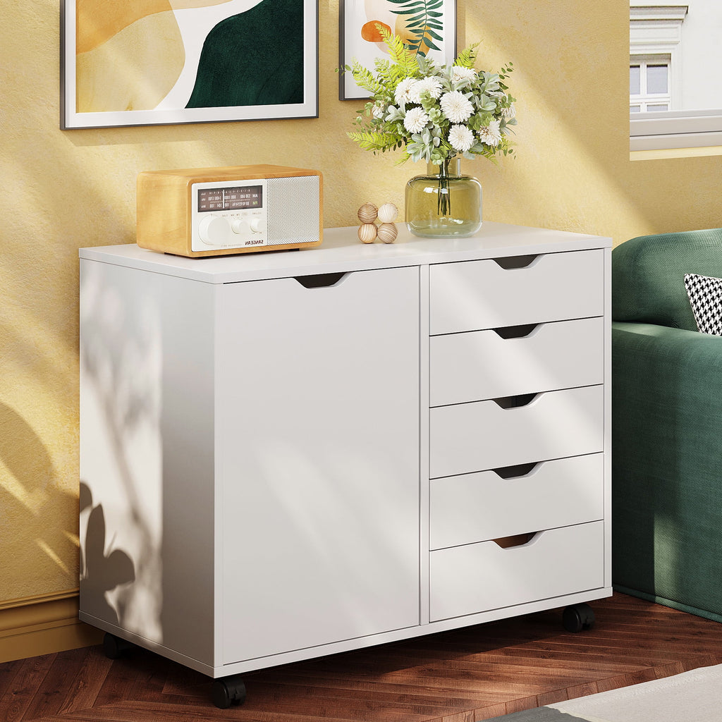 GALAXHERO 5 Drawer Wood File Cabinet, Mobile Printer Stand with Storage and Door for Home Office, White
