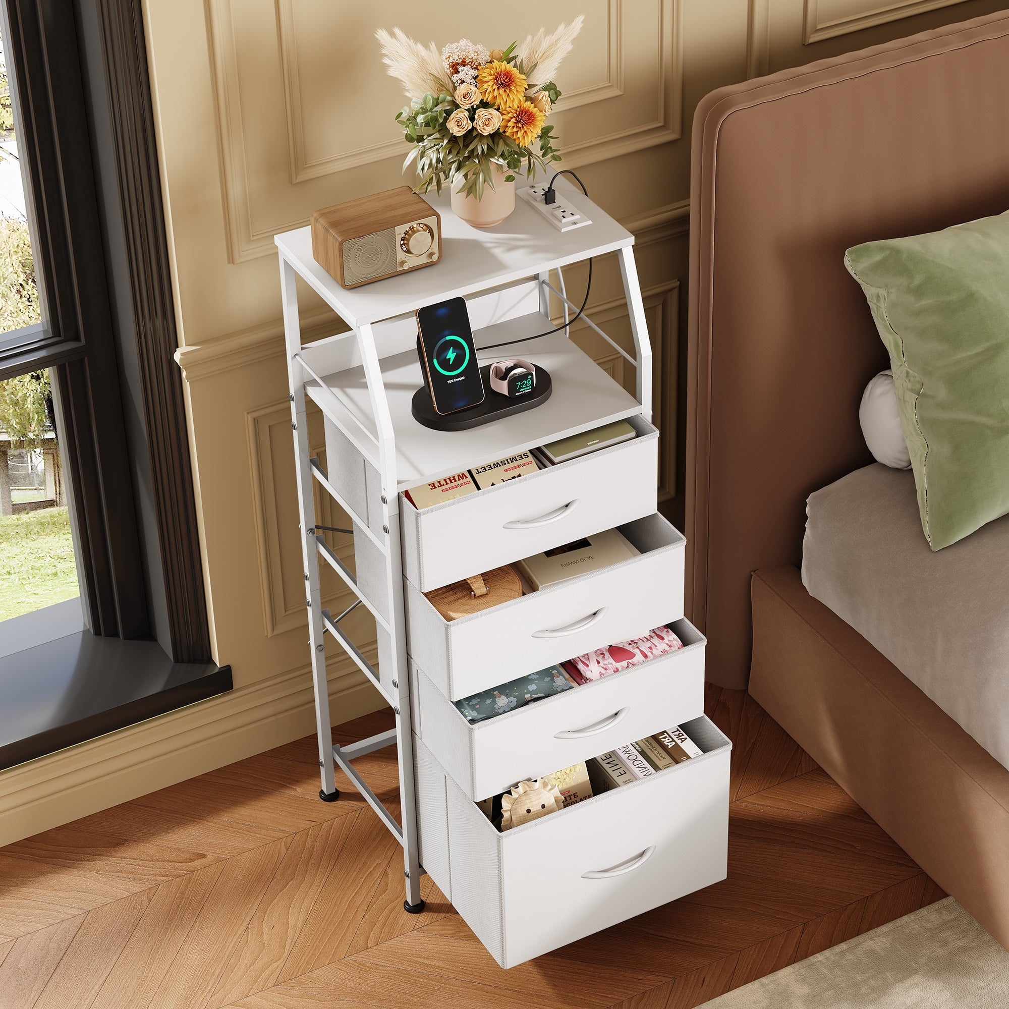 GALAXHERO 4 Drawer Dresser for Bedroom, Nightstand with Charging Station and LED, Tall Bedside Table with Storage Shelfs