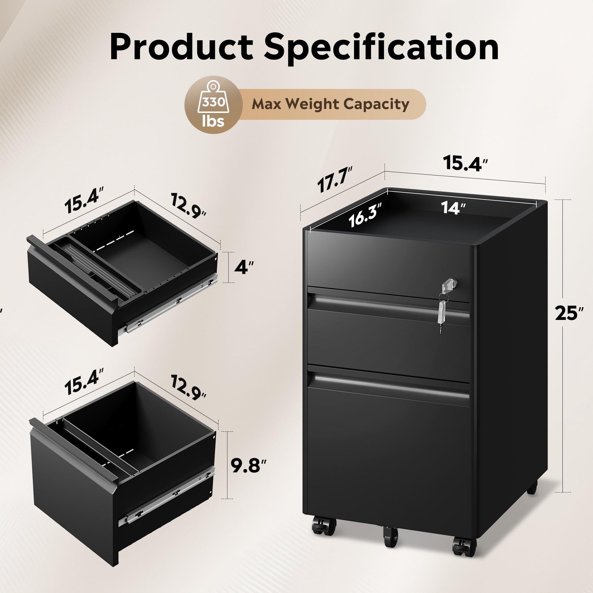 GALAXHERO 2 Drawer File Cabinet with Lock, Metal Storage Organizer with Fence, Mobile Filing Cabinets for Home Office, Fit Letter/A4/Legal Size Files