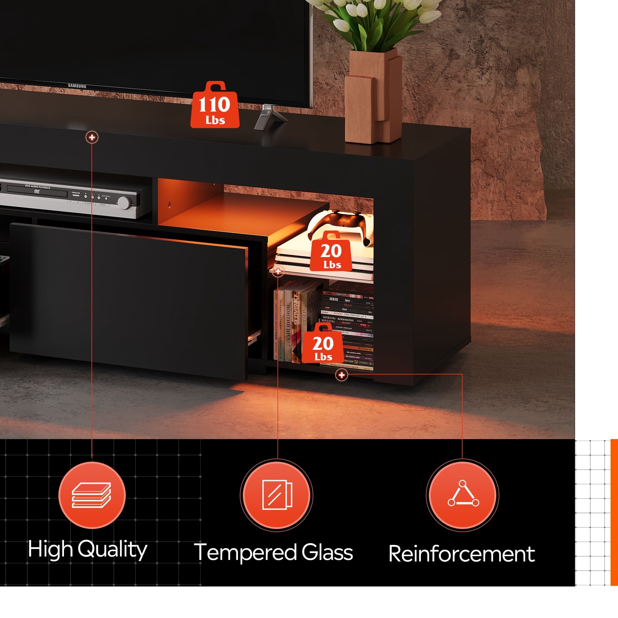 GALAXHERO TV Stand 63 Inch Entertainment Center Modern TV Console Table with 2 Drawers for Living Room, LED TV Stand for 60 to 70 Inch TV