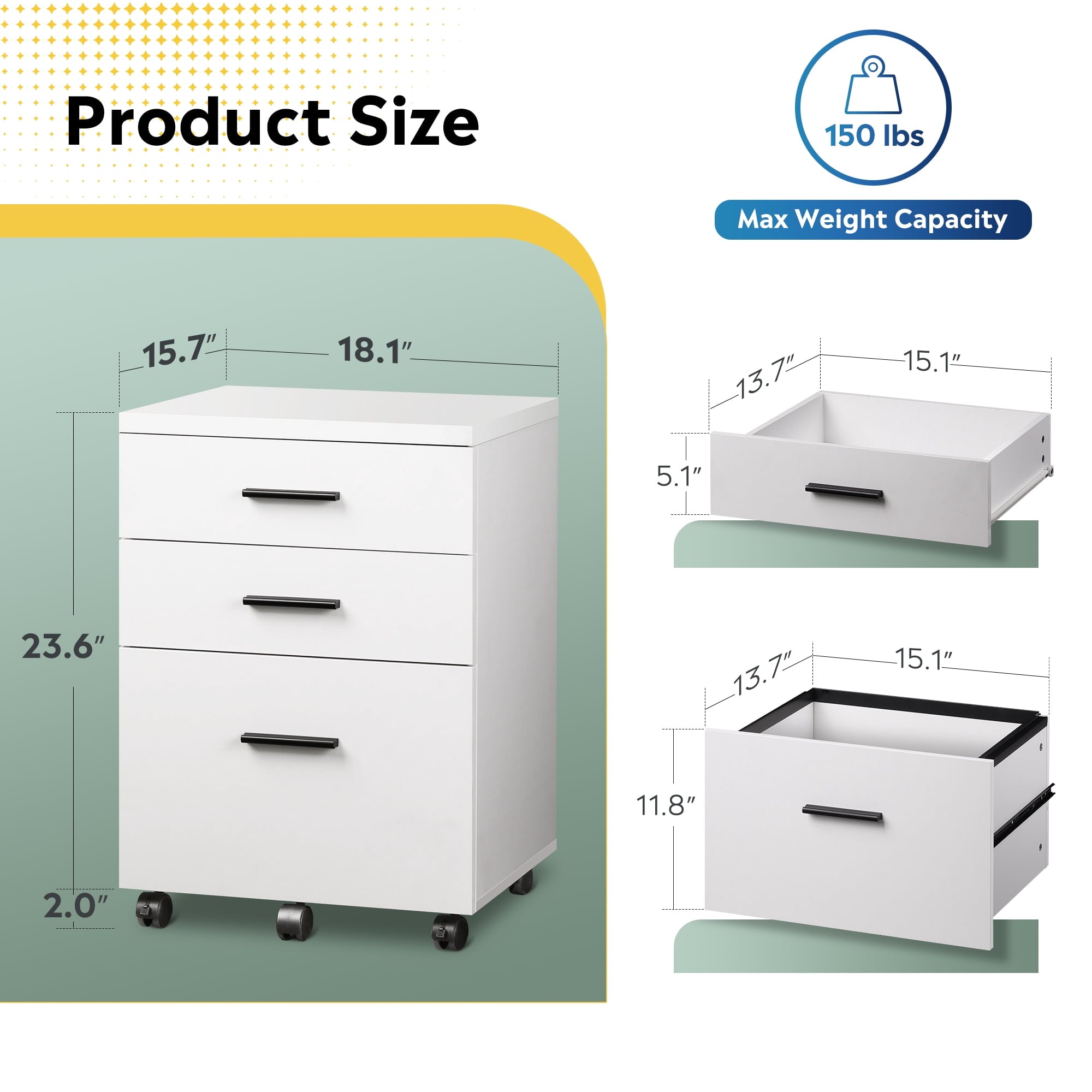 GALAXHERO 3 Drawer Storage Cabinet, Wood Rolling File Cabinet with Whells, Printer Stand Filing Cabinet for Home Office, Fit Letter/A4