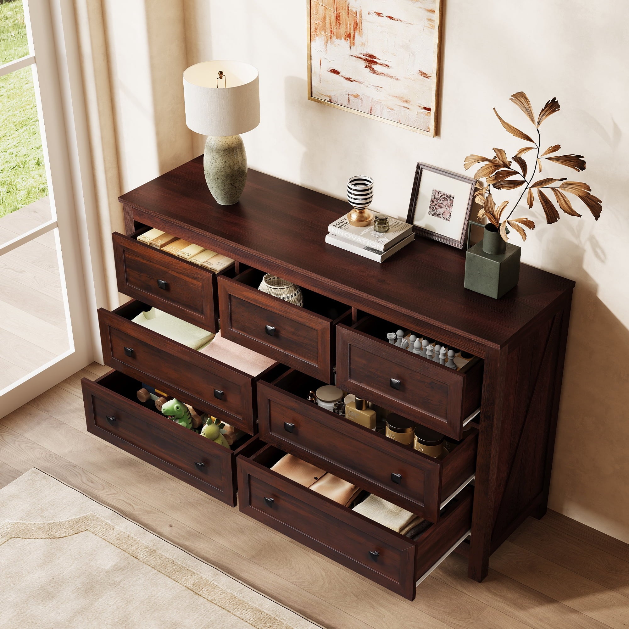 GALAXHERO Farmhouse Dresser for Bedroom, 51.18'' Wide 7 Drawer Wood Dresser, TV Stand for 65 inch TV, Wooden Chest of Drawers for Bedroom, Modern Clothes Organizer for Living Room, Hallway