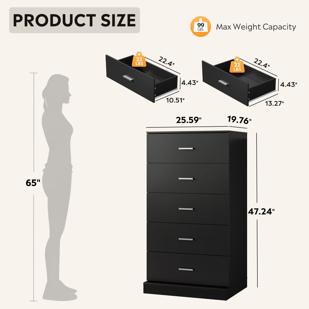 GALAXHERO 5 Drawers Dresser, Chest of Drawers for Bedroom, Tall Wood Storage Cabinet with Metal Handle for Living Room, Closet, Hallway