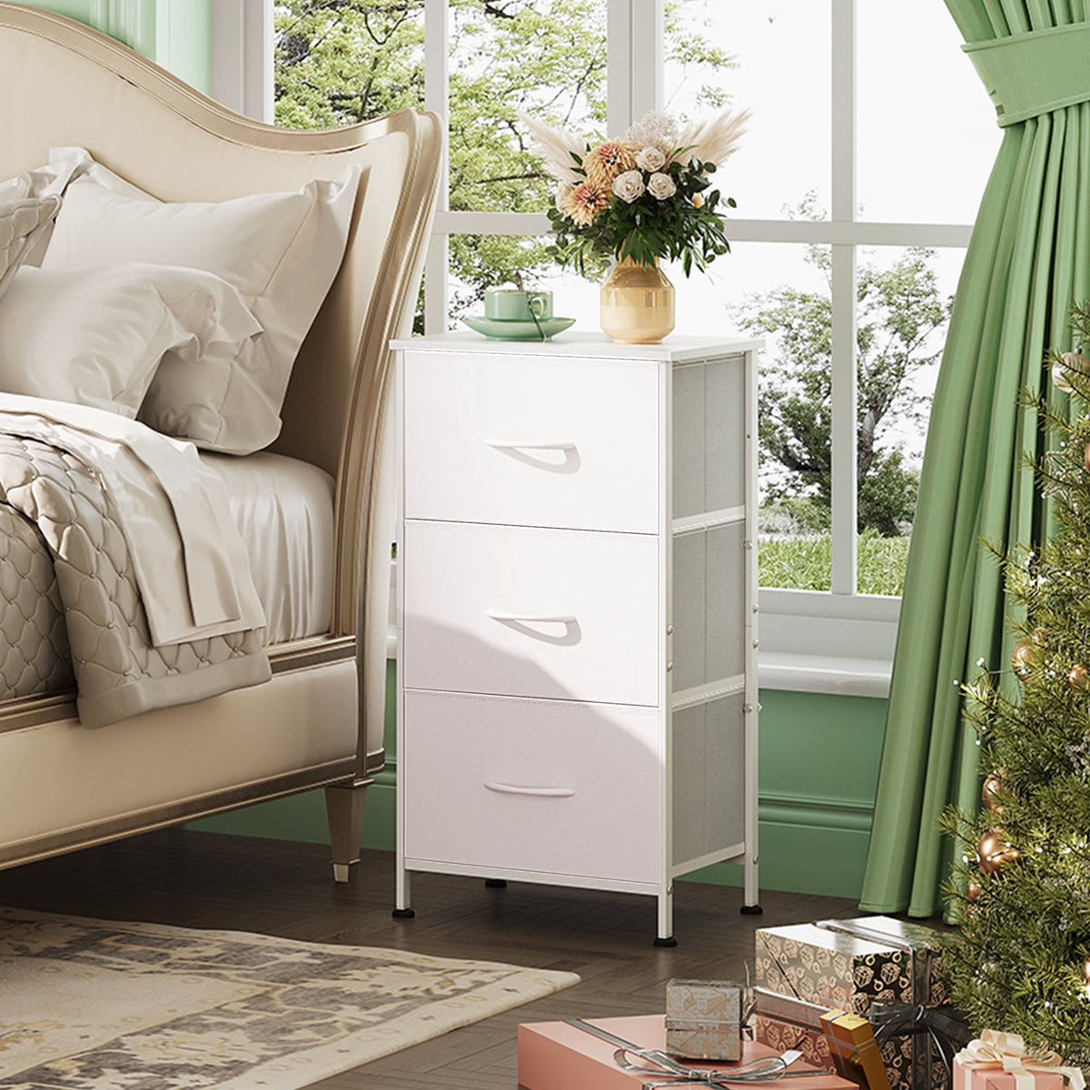 GALAXHERO 3 Drawer Nightstand, Fabric Storage Dresser Sturdy Steel Frame with Wood Top