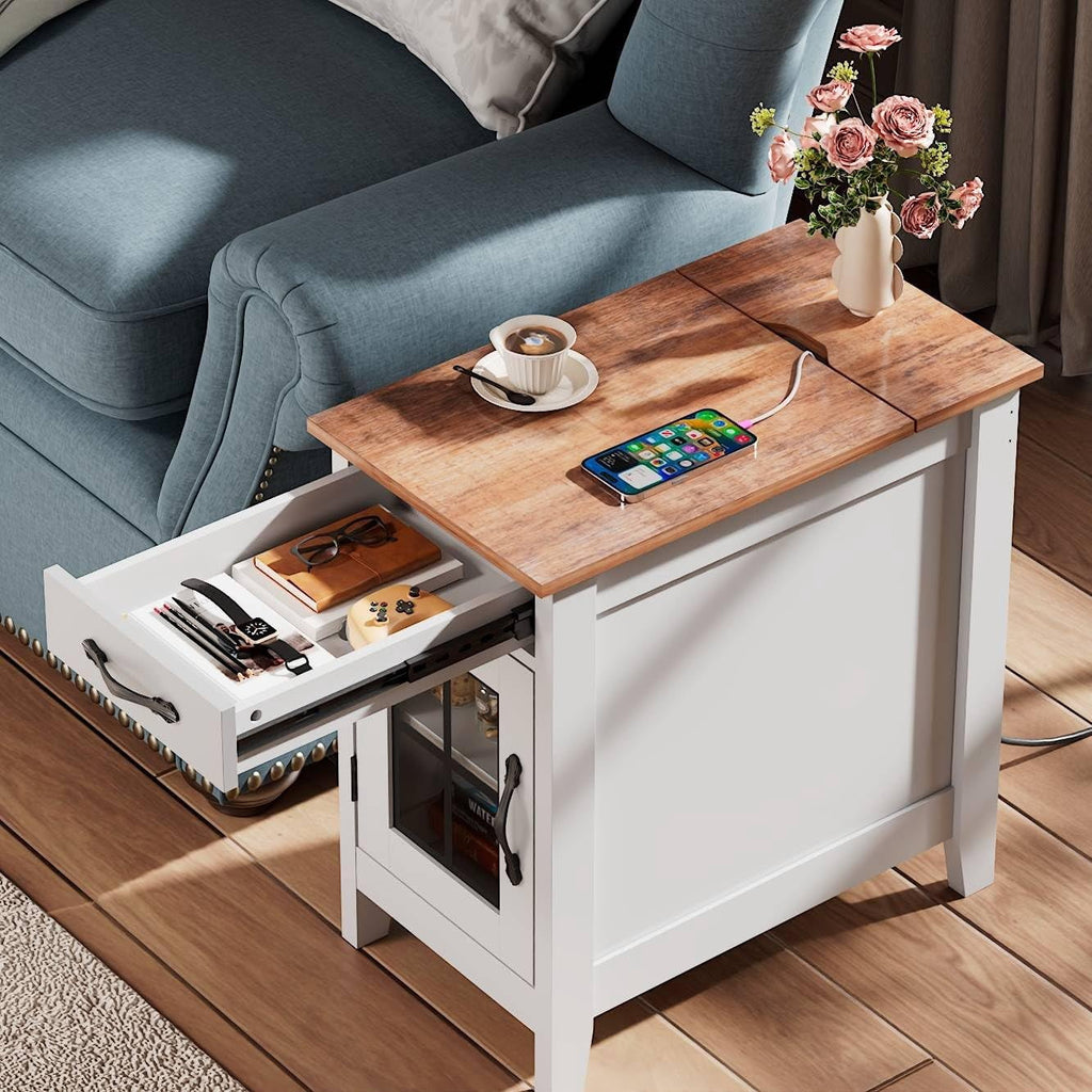 GALAXHERO End Table with Charging Station Narrow Side Table for Living Room with Storage, Small Wooden Cabinet Nightstand with USB Ports and Outlets