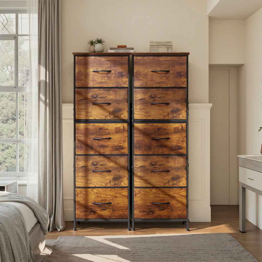 GALAXHERO 5-Drawer Tall Fabric Dresser with Wood Top, Storage Organizer Chest for Bedroom, Closet, Hallway, Sturdy Steel Frame, Rustic Brown Wood Grain Print