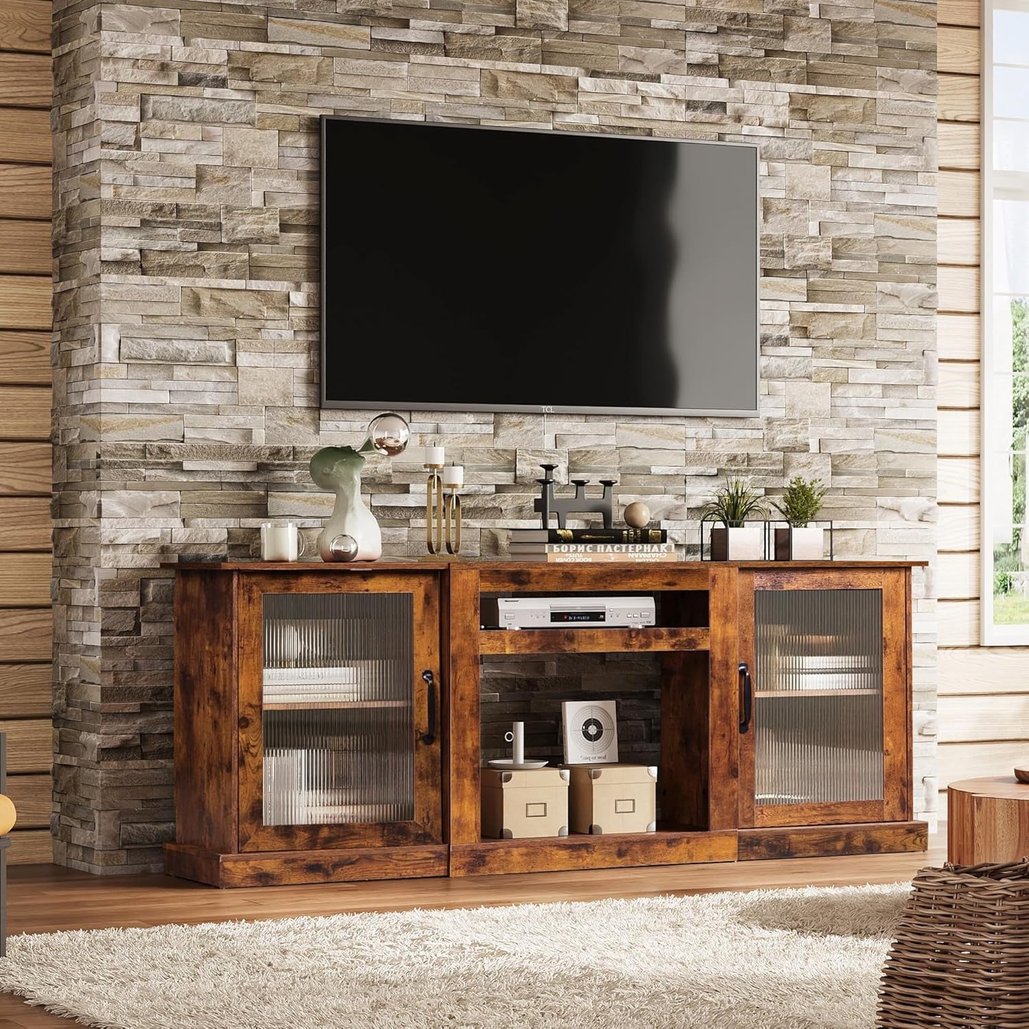 GALAXHERO Farmhouse TV Stand for 75 inch TV Entertainment Center with Storage Cabinets Mid Century Modern TV Console for Living Room, Bedroom